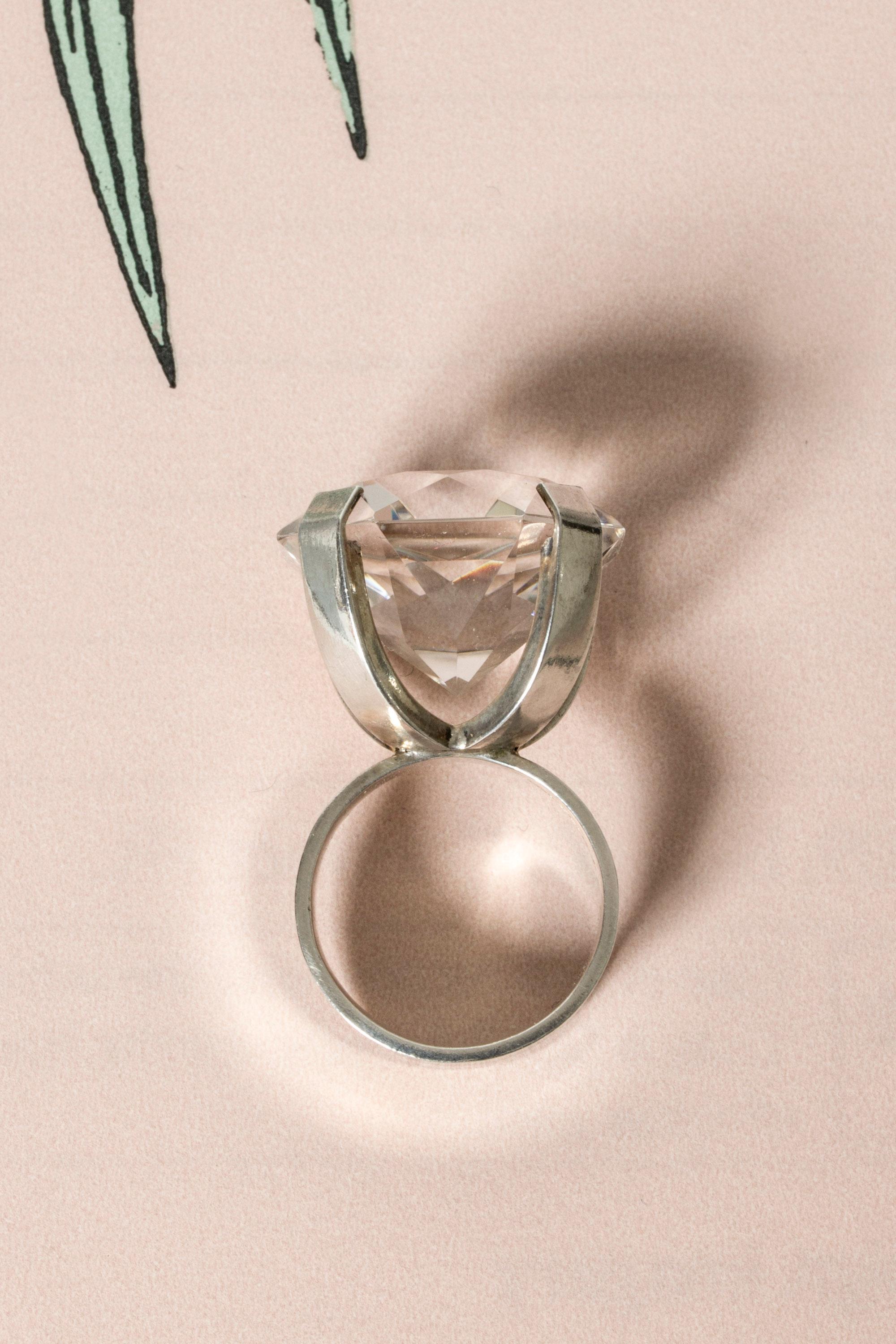 Modernist Silver and Rock Crystal Ring by Waldemar Jonsson, Sweden, 1969