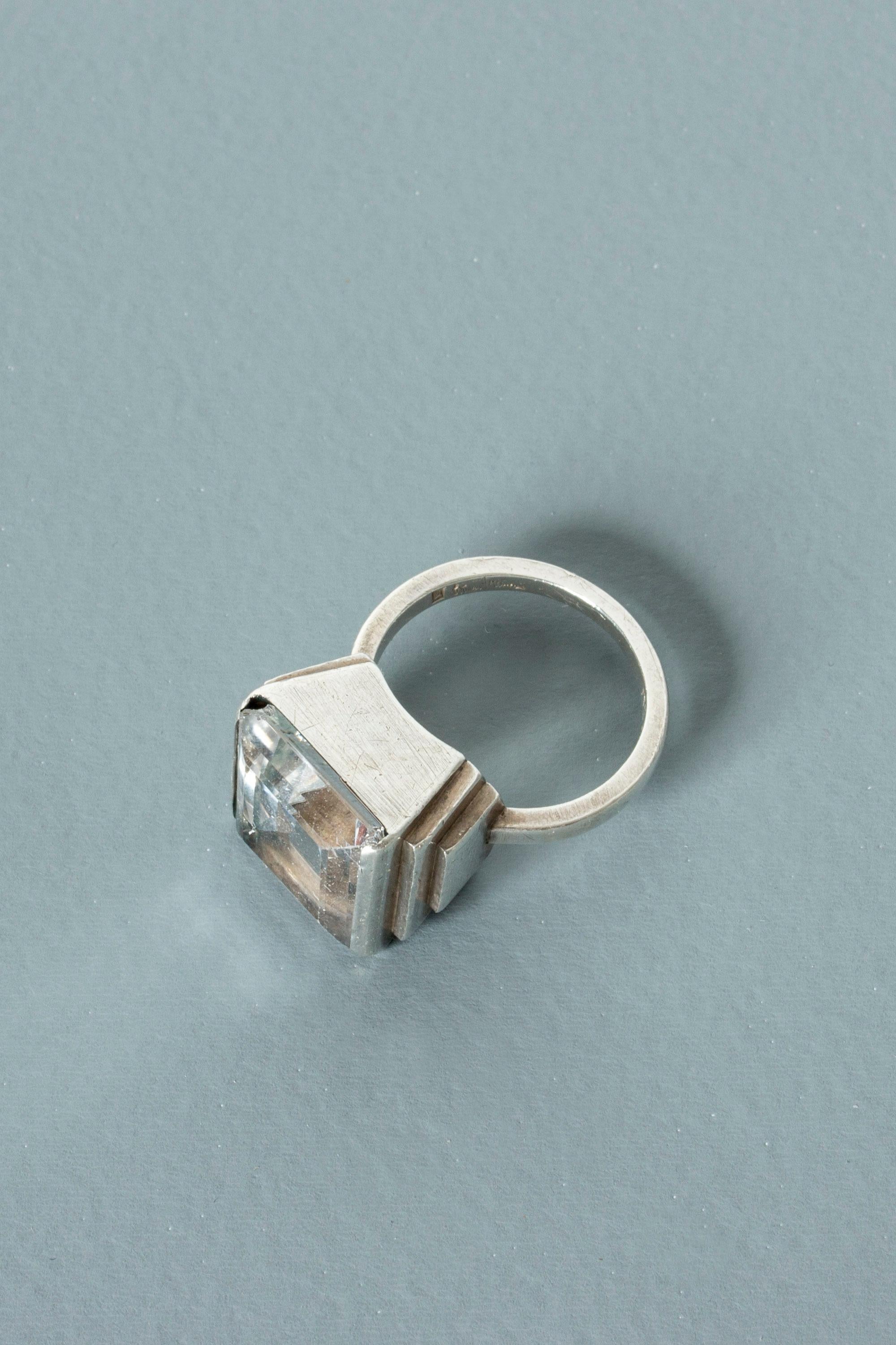 Amazing silver ring by Wiwen Nilsson, with a large, square rock crystal. Architectonic design with a distinct functionalist expression.