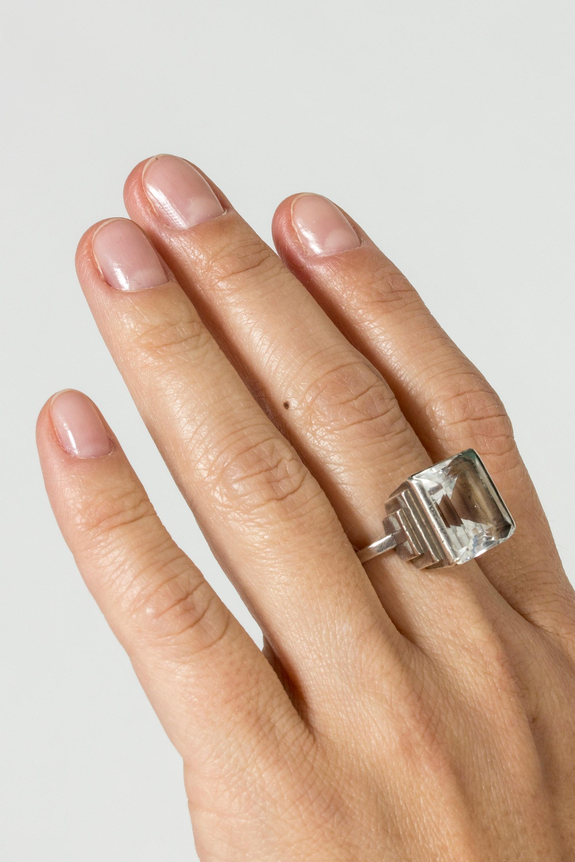 Modernist Silver and Rock Crystal Ring by Wiwen Nilsson, Sweden, 1938
