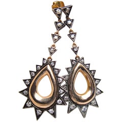 Silver and Rose Gold Diamond Spiky Teardrop Dangle Earrings, circa 1940