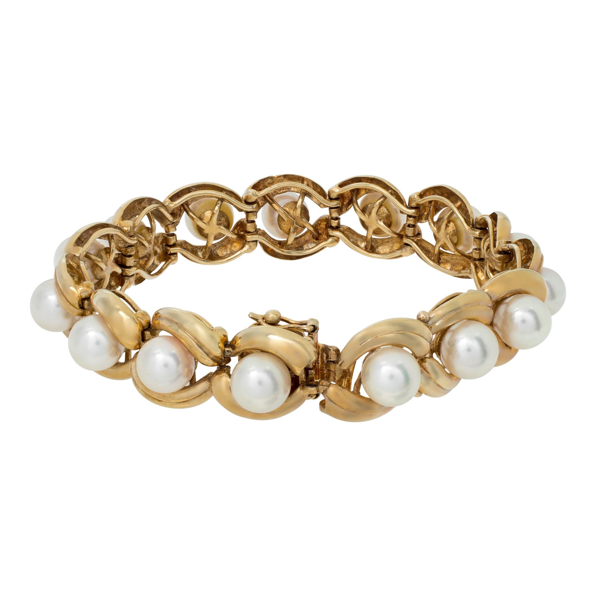 Silver and rose gold overtone Pearl 14k Yellow Gold Bracelet In Excellent Condition For Sale In Surfside, FL