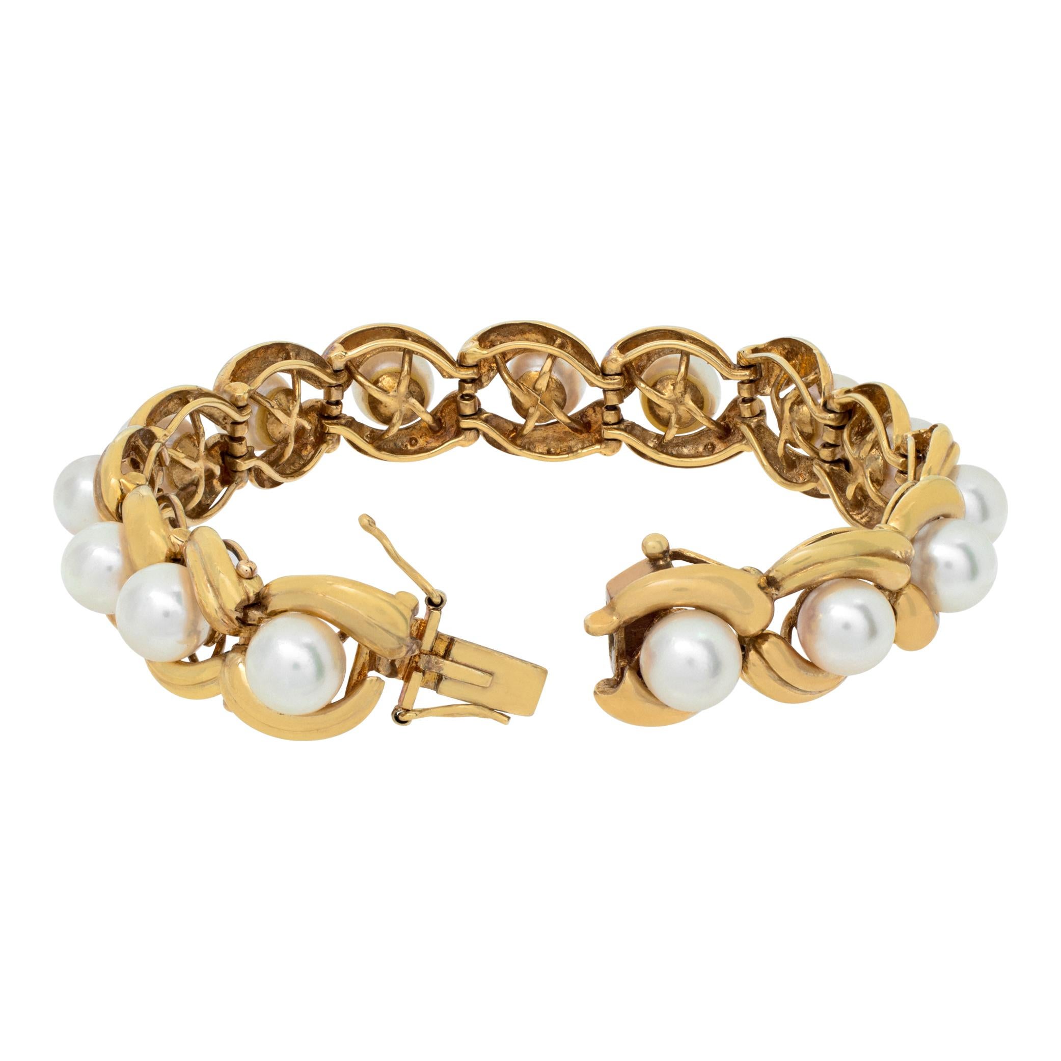 Women's Silver and rose gold overtone Pearl 14k Yellow Gold Bracelet For Sale
