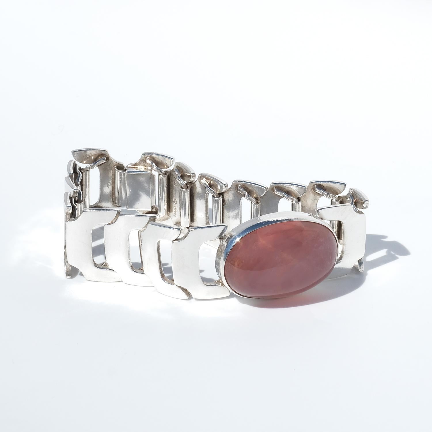 Cabochon Bracciale in argento e quarzo rosa di Michelsen Made 1960 in vendita