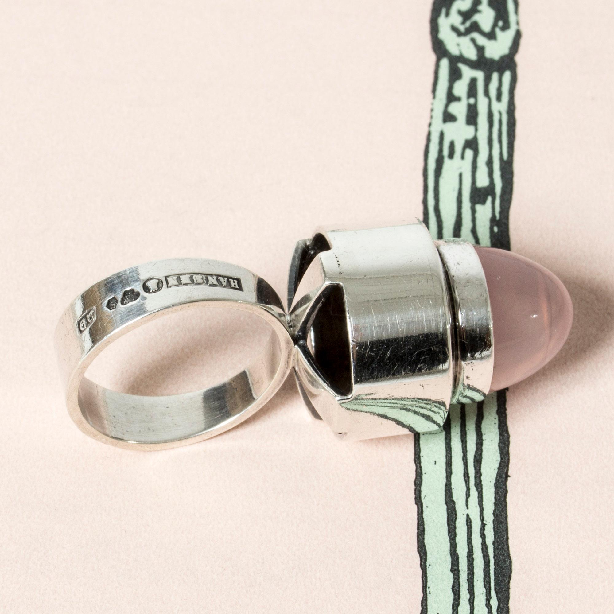 Bullet Cut Silver and Rose Quartz Ring from Hansen, Sweden, 1966 For Sale