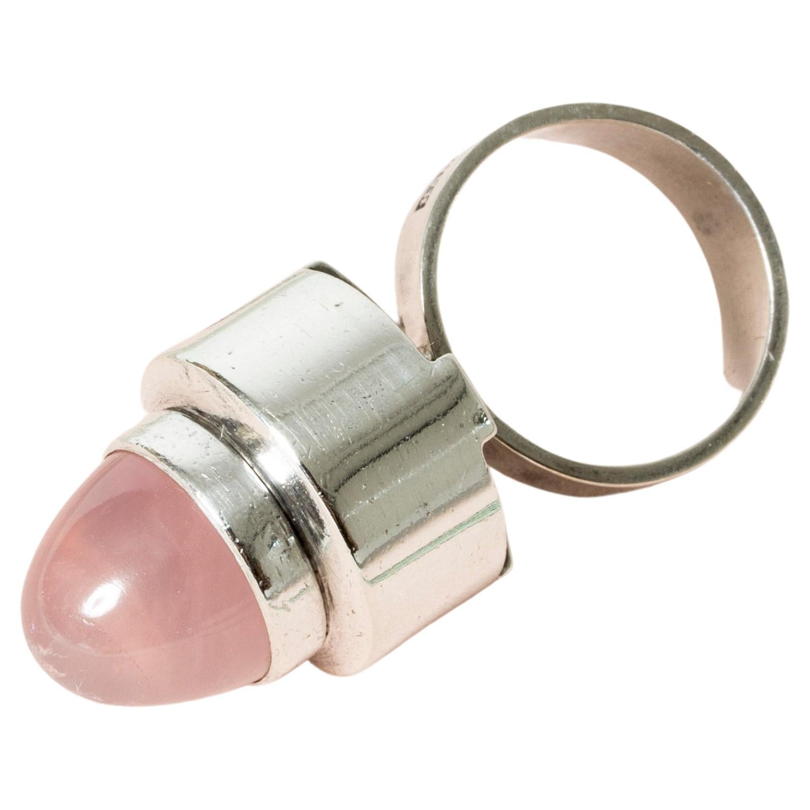 Silver and Rose Quartz Ring from Hansen, Sweden, 1966