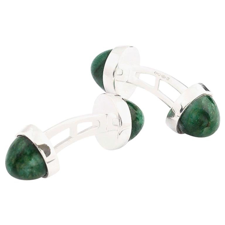 Silver and Round Cabochon Aventurine Cufflinks For Sale