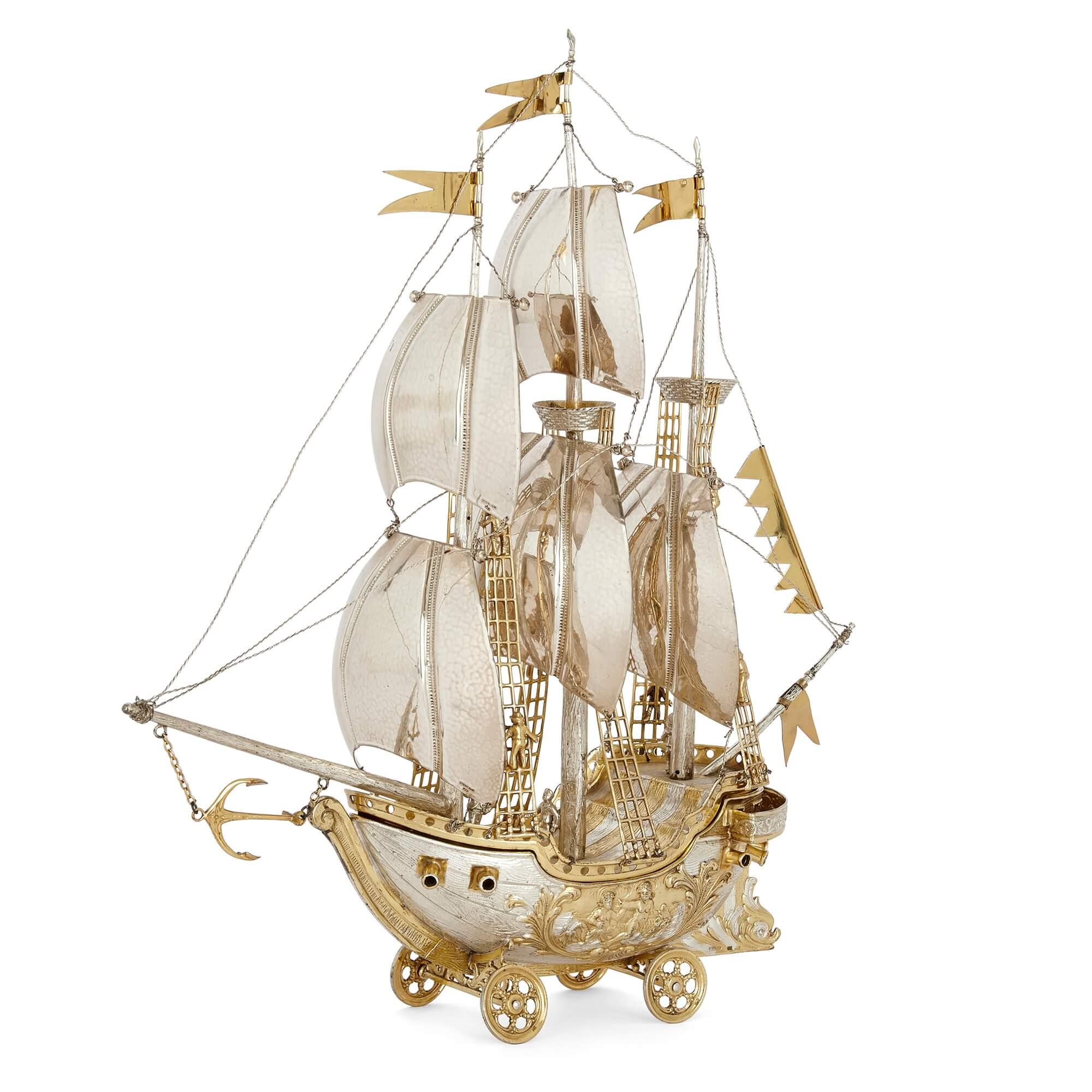 Silver and silver gilt nef sailing ship 
Continental, 20th Century 
Height 44cm, width 38cm, depth 12cm

Made from silver and silver gilt, this nef, also known as a model ship, is brilliantly formed to depict a galleon. Historically, pieces like