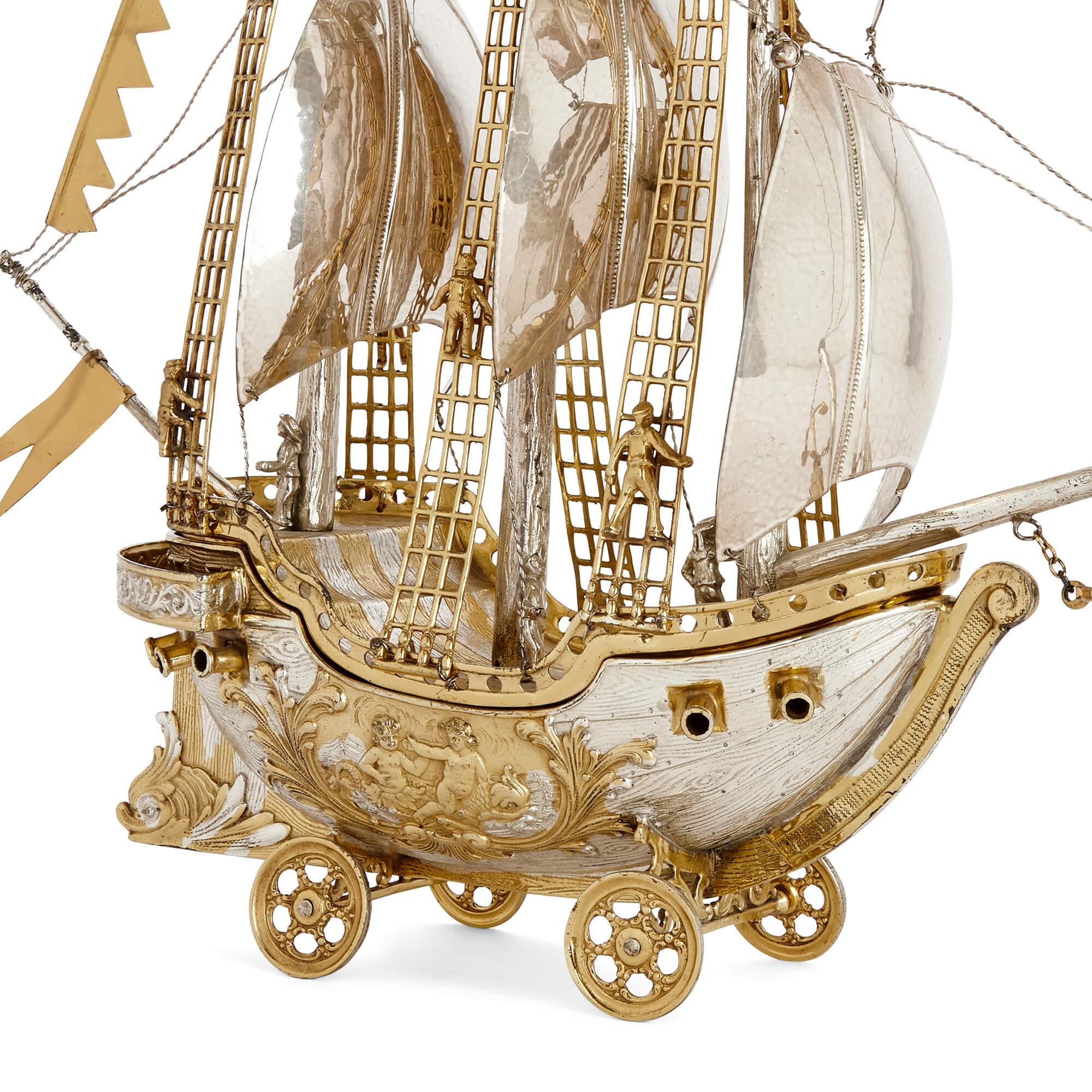 European Silver and Silver Gilt Nef Sailing Ship For Sale