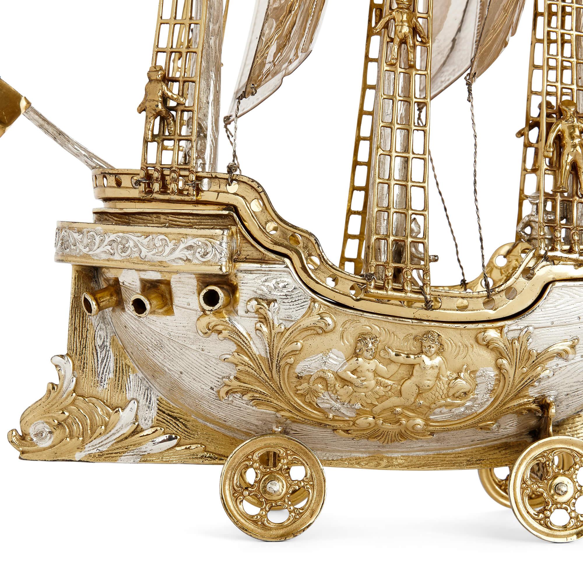 Cast Silver and Silver Gilt Nef Sailing Ship For Sale