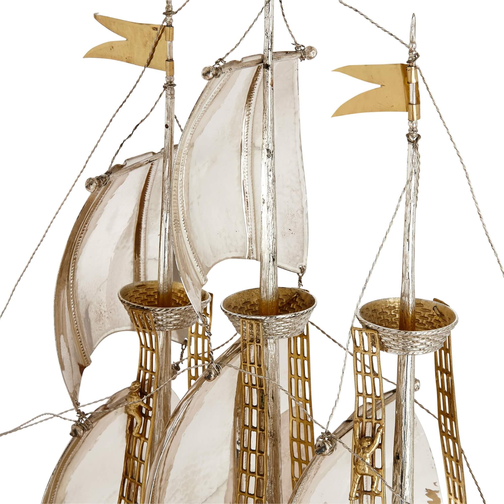 Silver and Silver Gilt Nef Sailing Ship In Good Condition For Sale In London, GB