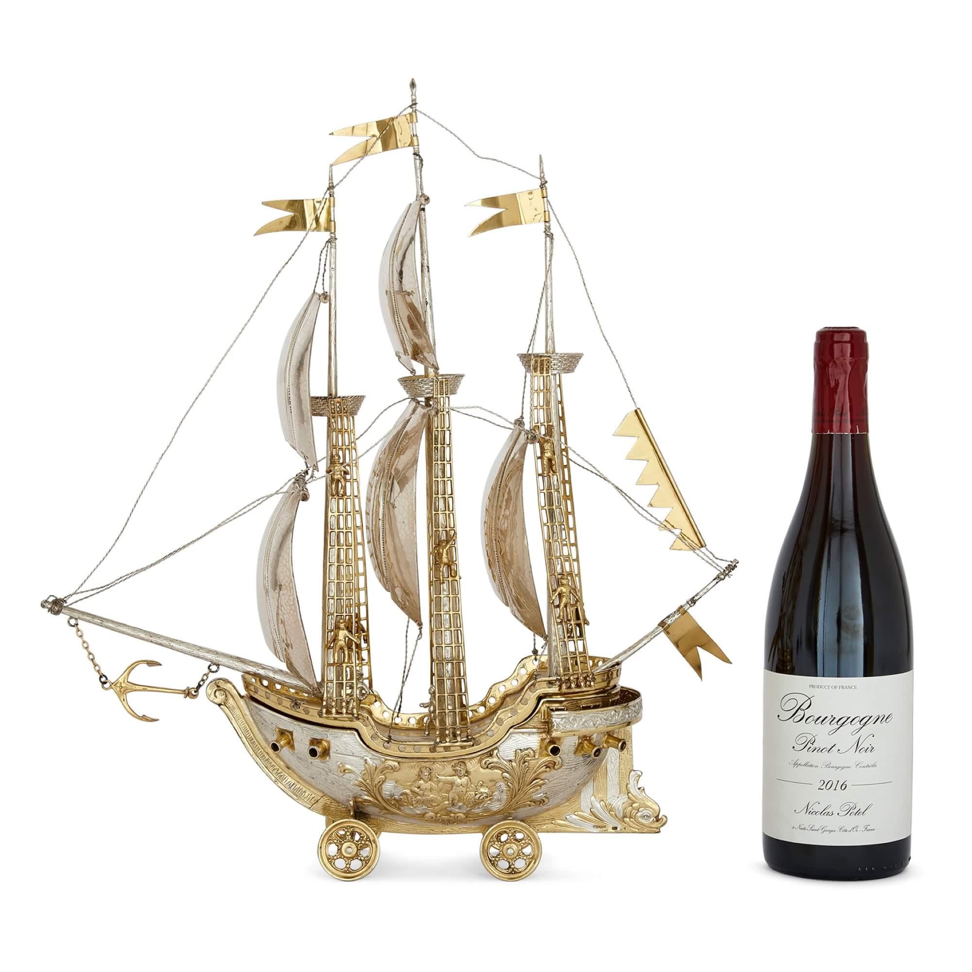 Silver and Silver Gilt Nef Sailing Ship For Sale 2