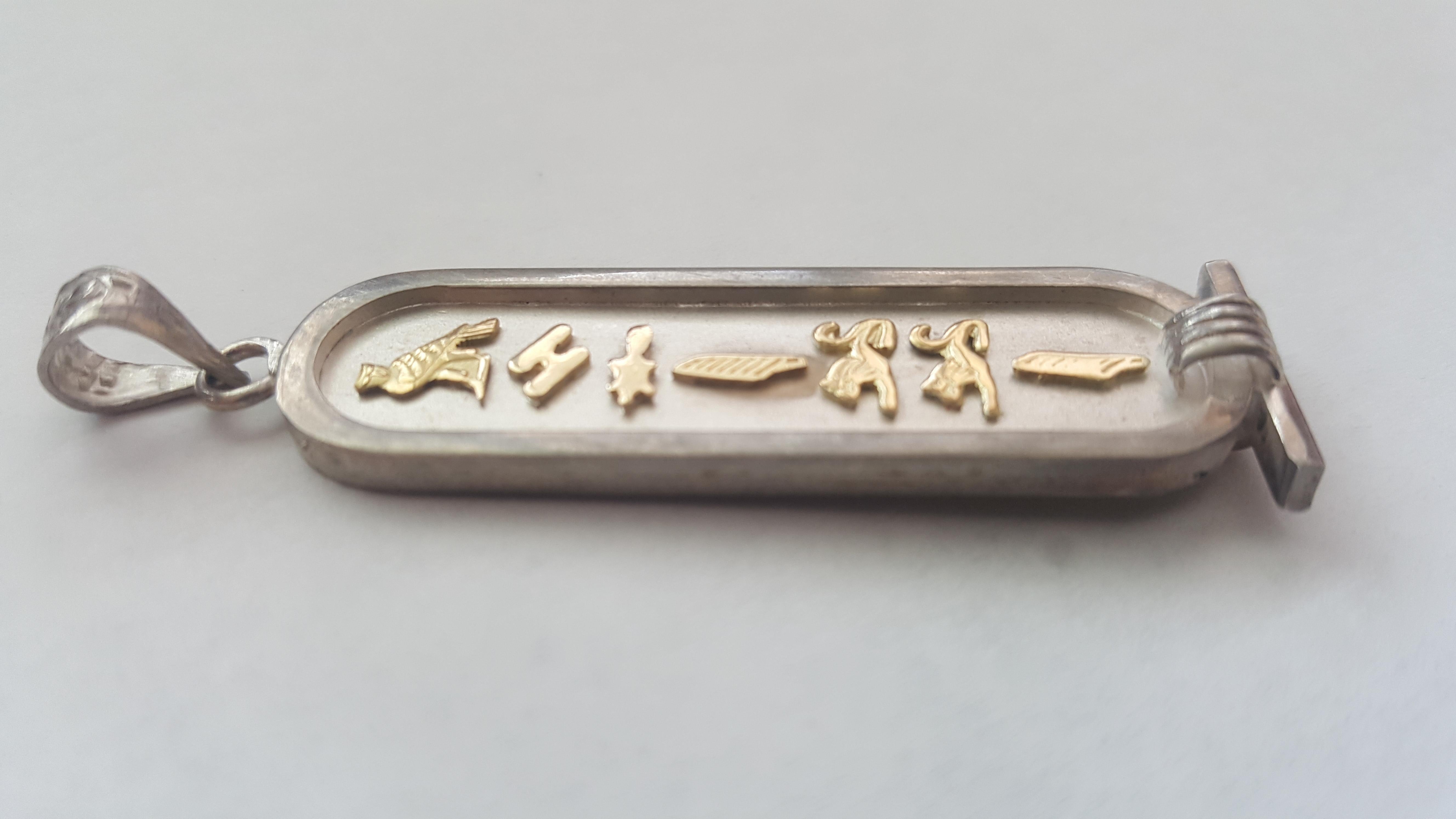 Women's or Men's Silver and Solid 14 Karat Yellow Gold Michelle Pendant with Egyptian Lettering