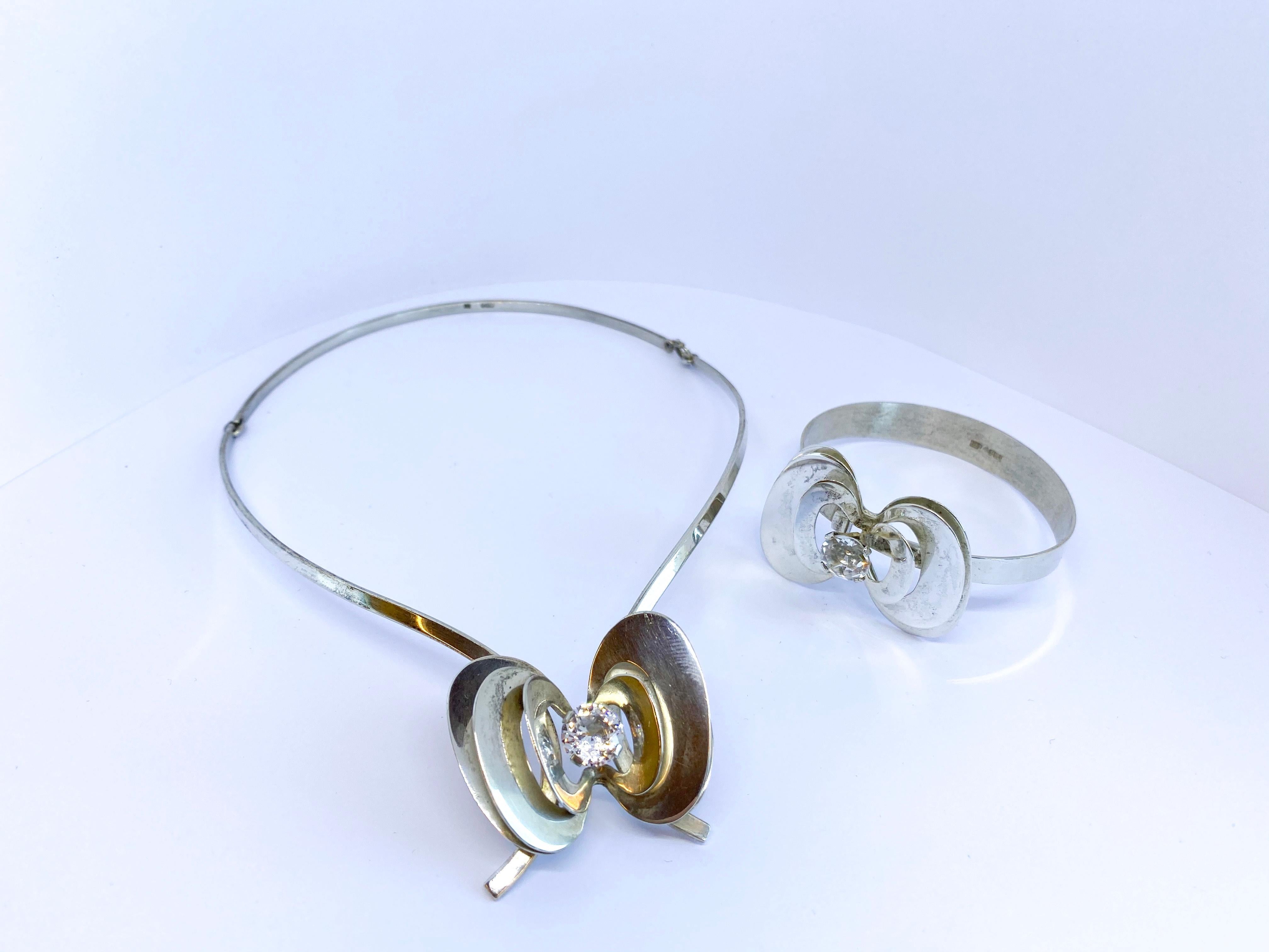 Modernist Silver and Stones Gustav Adolf Hamnstedt Stockholm Sweden Necklace and Bracelet For Sale