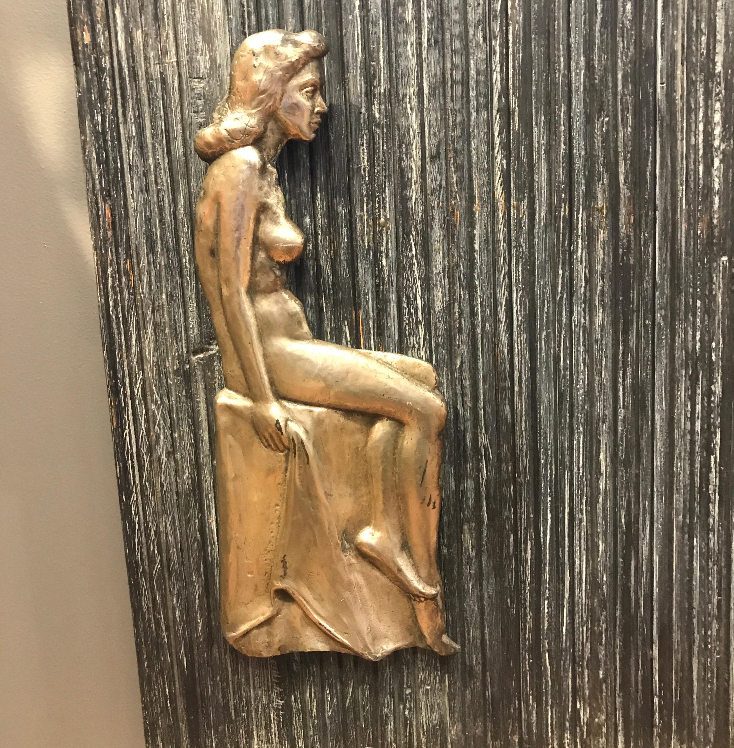 Gorham sterling relief plaque, Eugene Gauss (American, 1905-1988), unique cast sterling relief of a sitting female nude, channel carved wood backing, stamped 