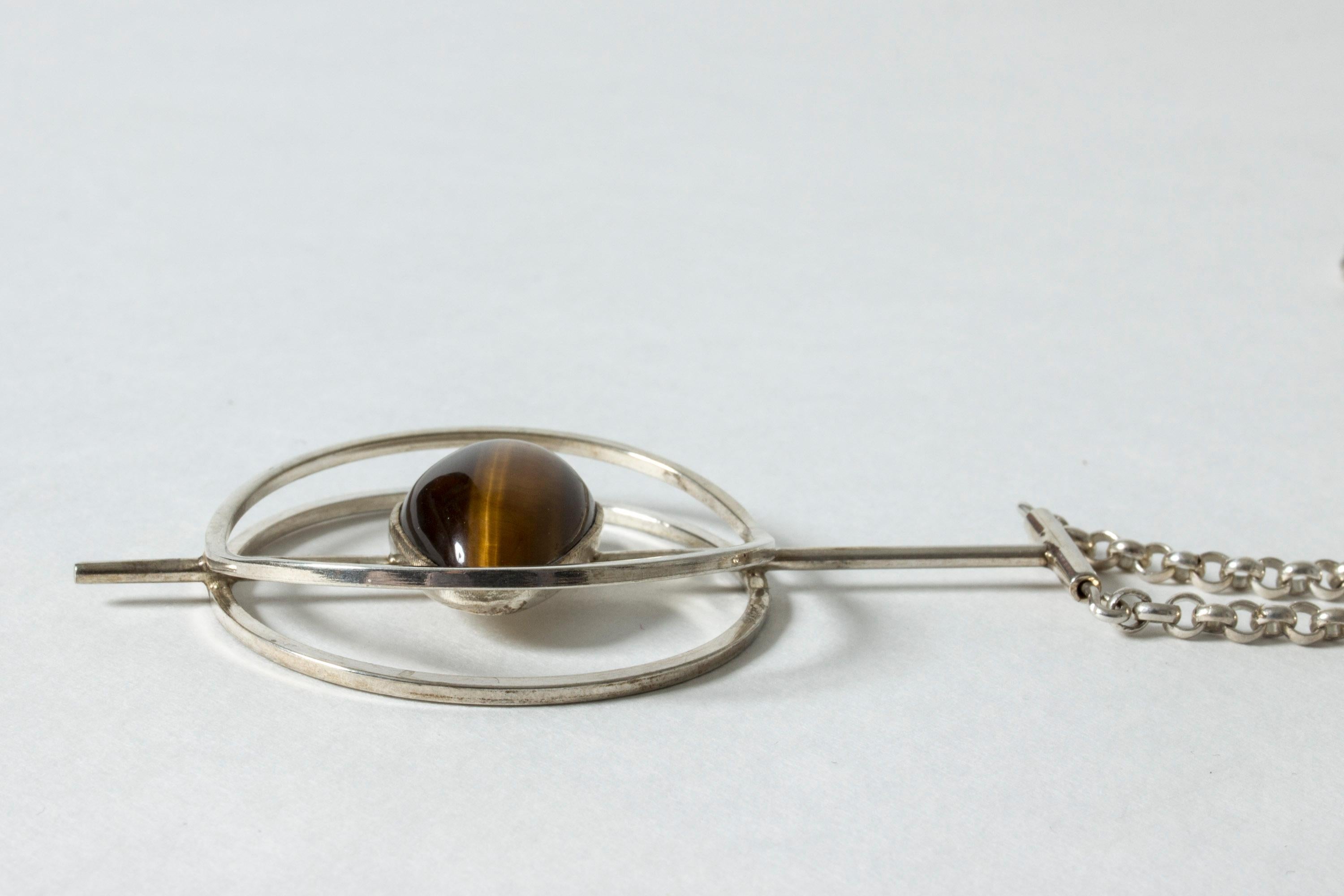 Oval Cut Silver and Tigereye Pendant from Kaplans, Sweden, 1960s