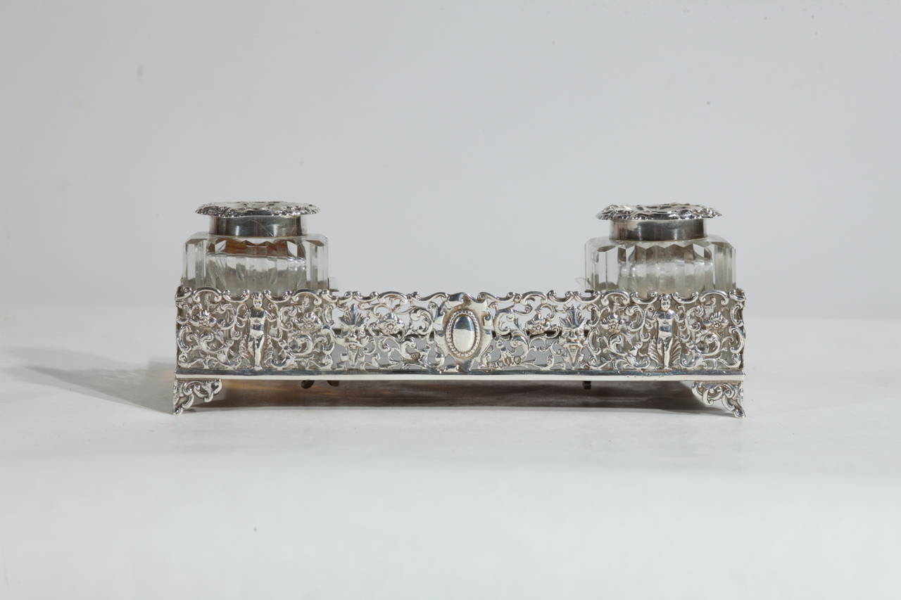 Hand-Carved  Victorian English Silver and Tortoise Inkwell : Single Rare Piece For Sale