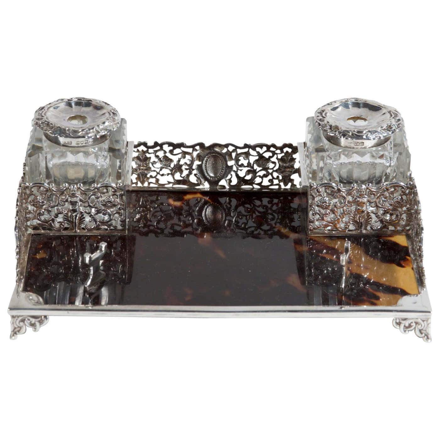 Silver and Tortoise Antique Victorian English Inkwell : Single Rare ...