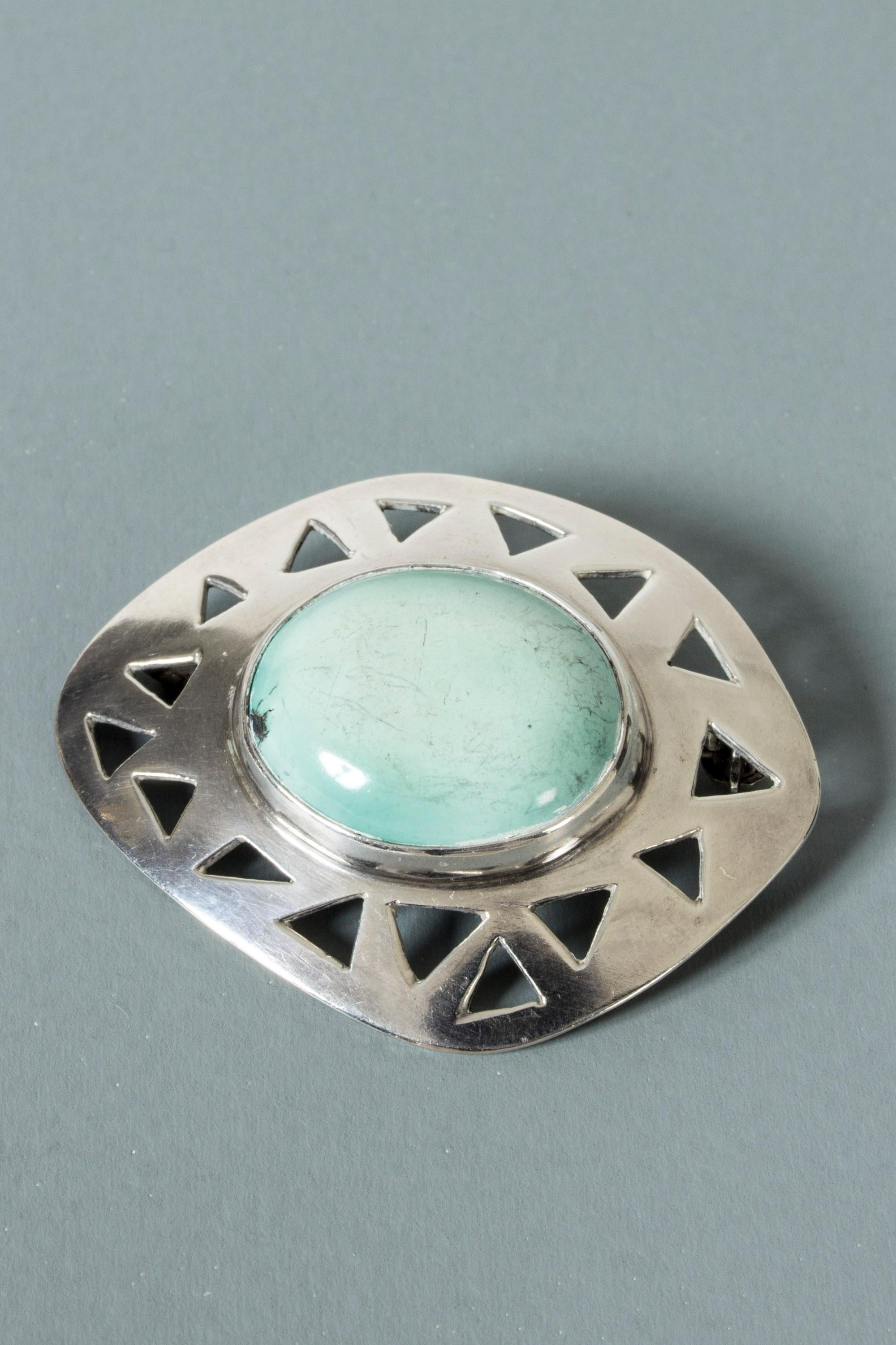 Oval Cut Silver and Turquoise Brooch from Michelsen, Sweden, 1953