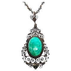 Silver and Turquoise Filigree Teardrop Pendant Necklace