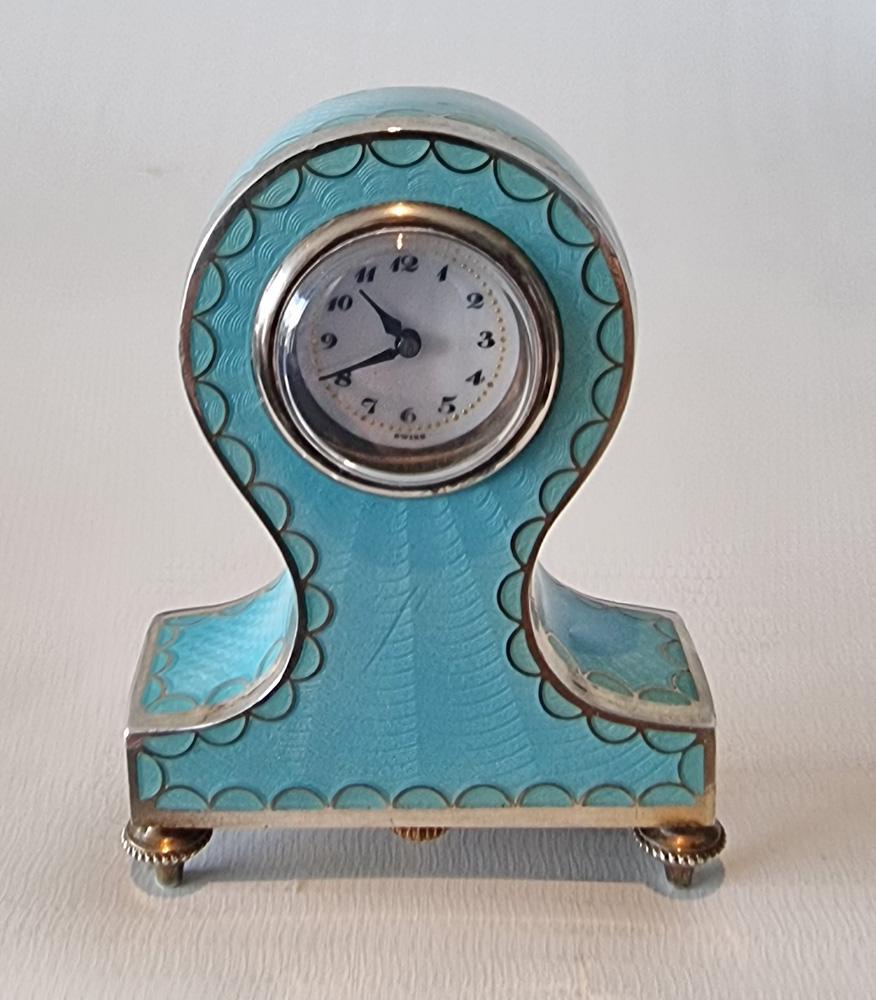 Austrian Silver and Turquoise Guilloche Enamel sub miniature boudoir Clock For Sale