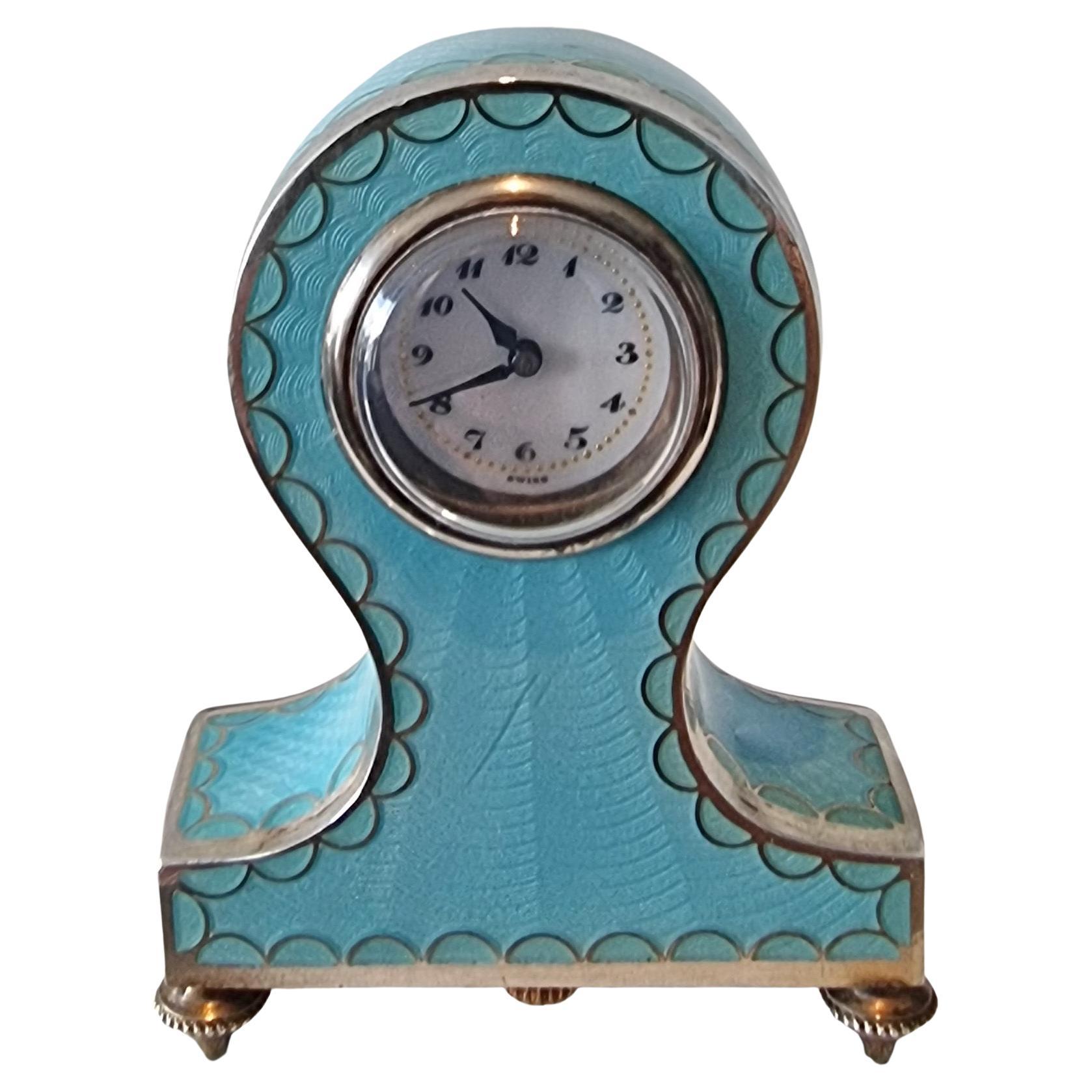 Silver and Turquoise Guilloche Enamel sub miniature boudoir Clock For Sale
