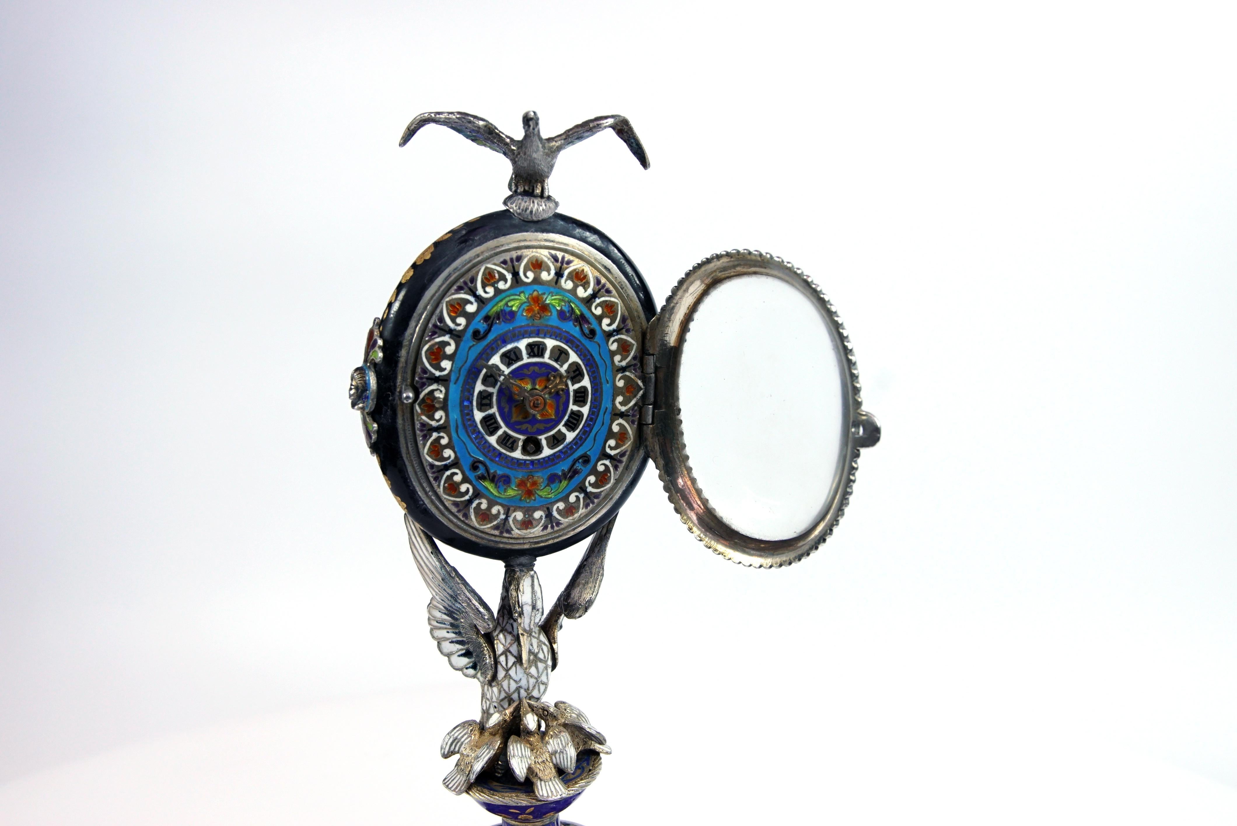 Silver and Viennese Enamel Clock with Eagle by Hermann Bohm 9