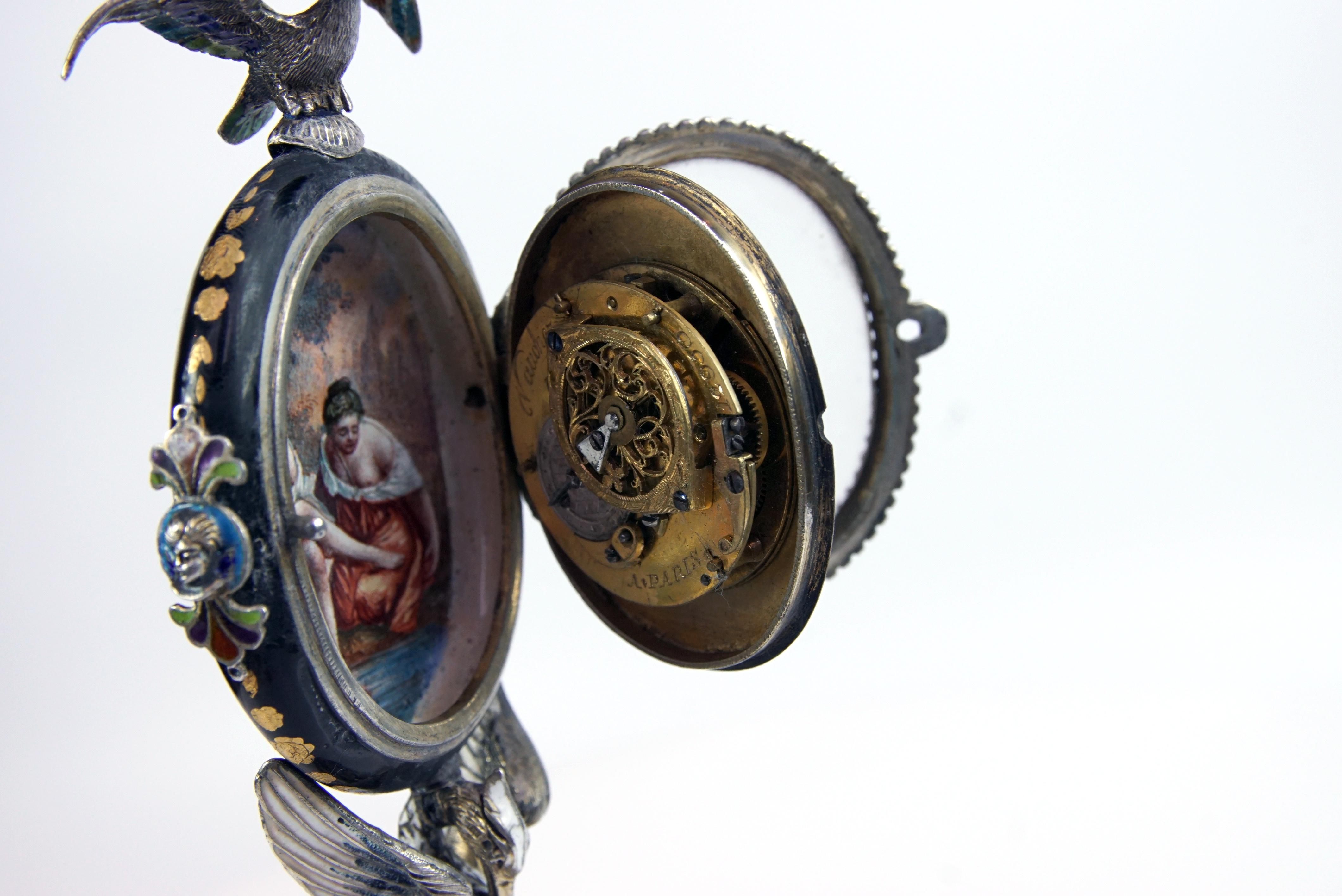 Silver and Viennese Enamel Clock with Eagle by Hermann Bohm 10