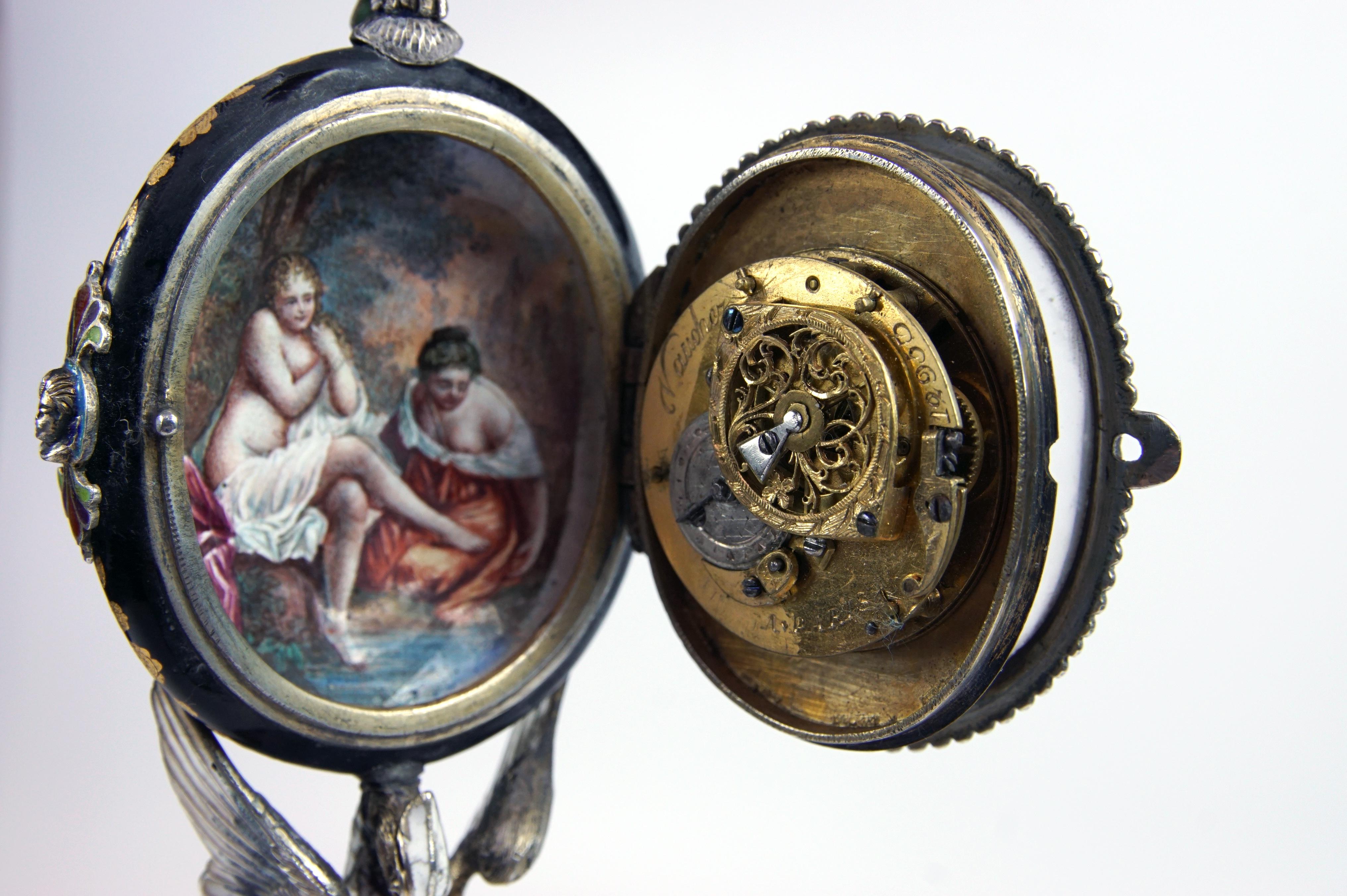 Silver and Viennese Enamel Clock with Eagle by Hermann Bohm 12