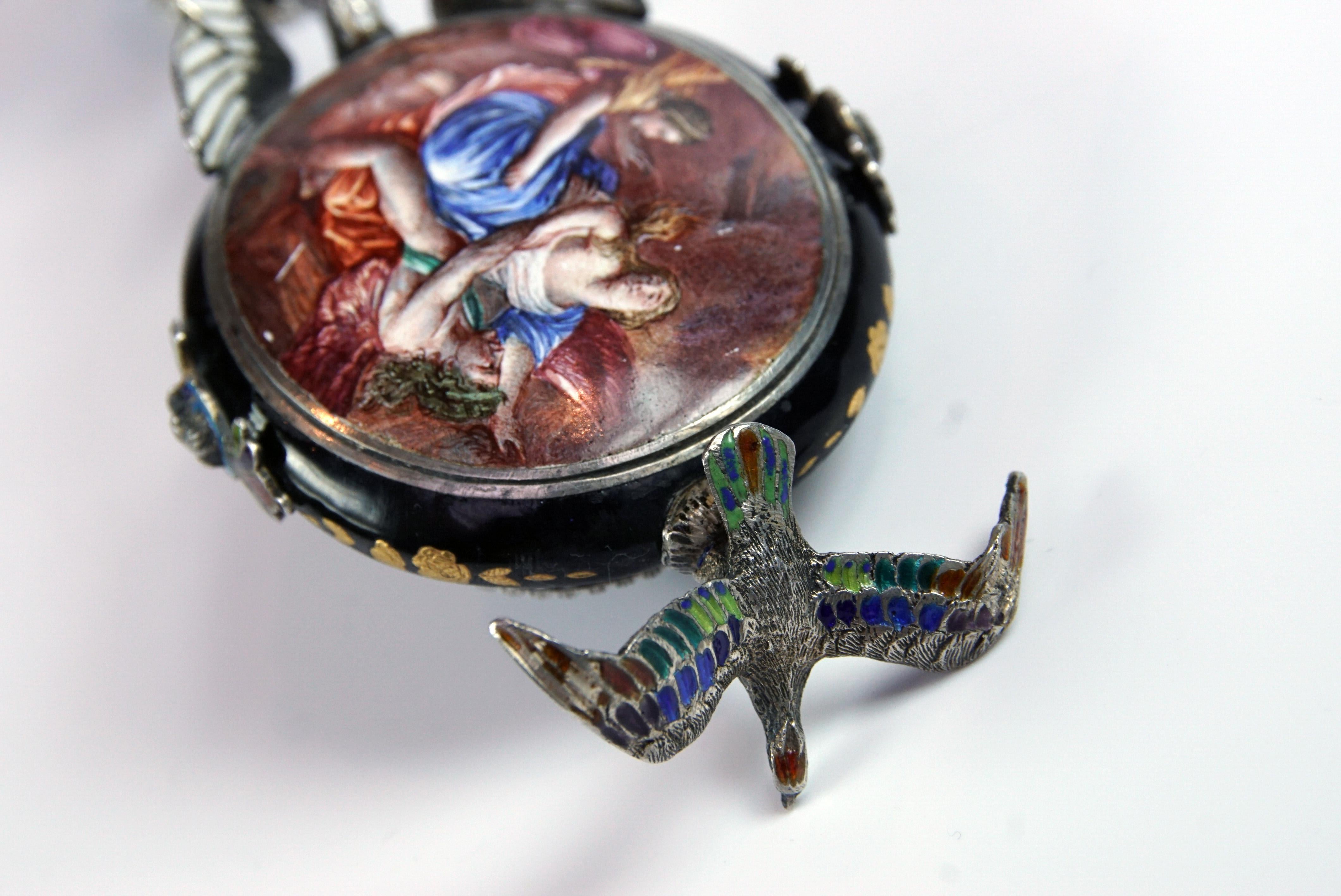 Silver and Viennese Enamel Clock with Eagle by Hermann Bohm 15