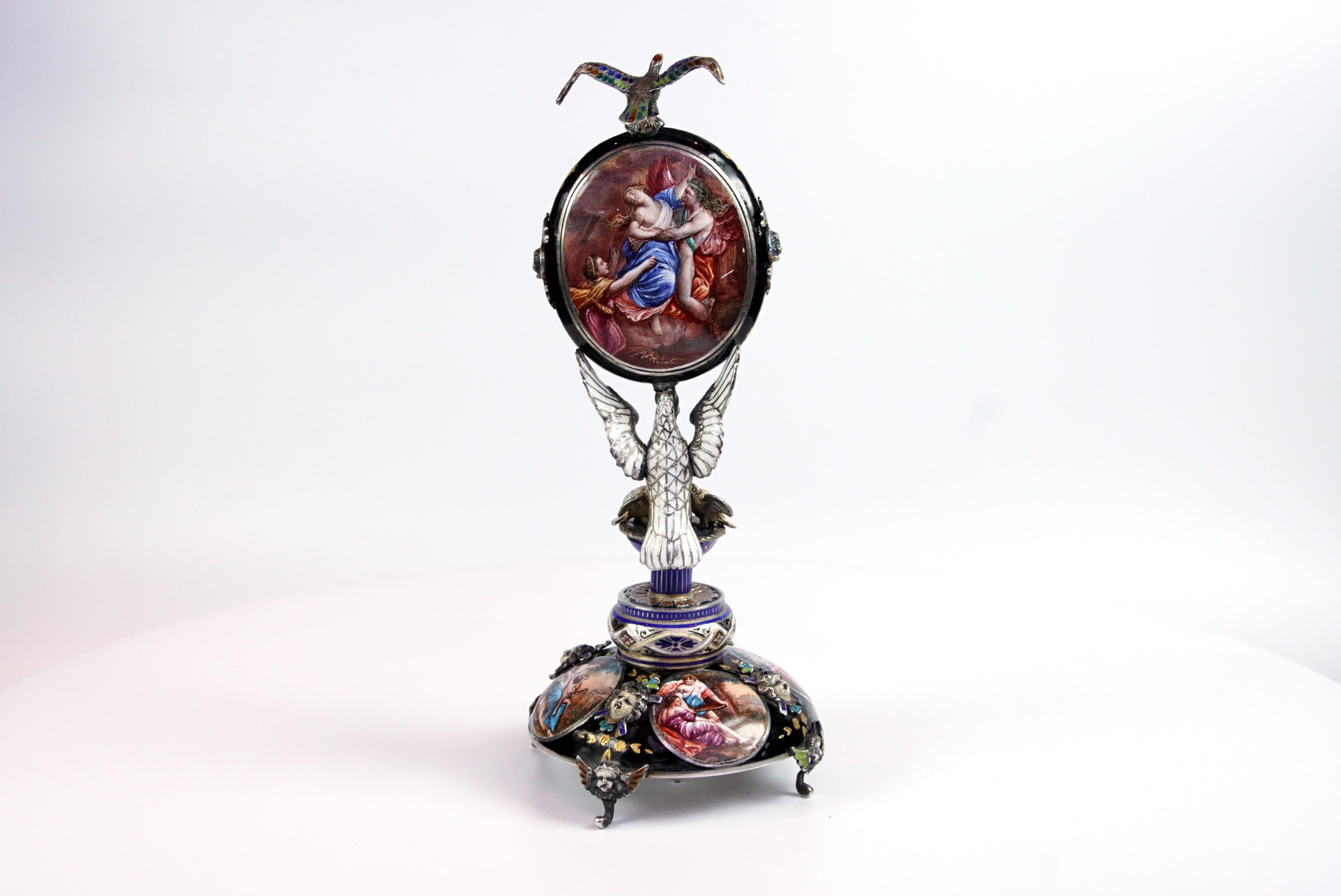 Austrian Silver and Viennese Enamel Clock with Eagle by Hermann Bohm
