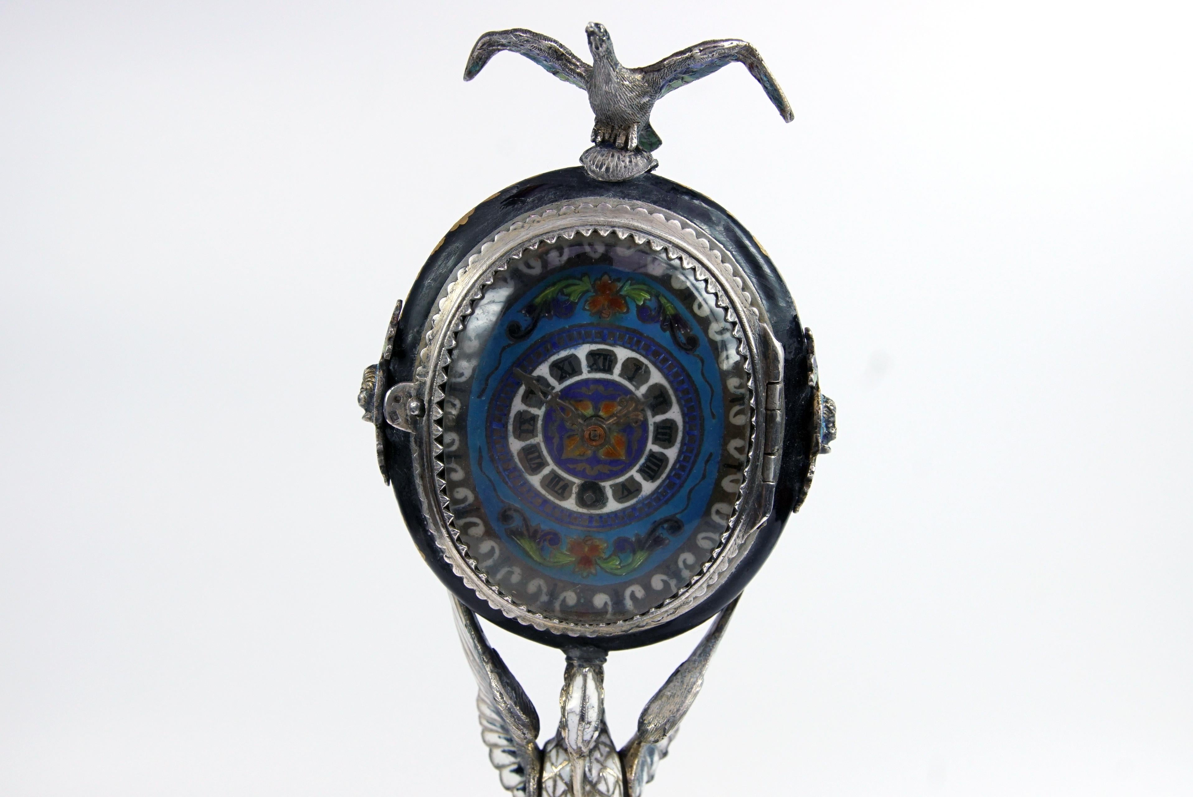 Silver and Viennese Enamel Clock with Eagle by Hermann Bohm In Good Condition In Queens, NY