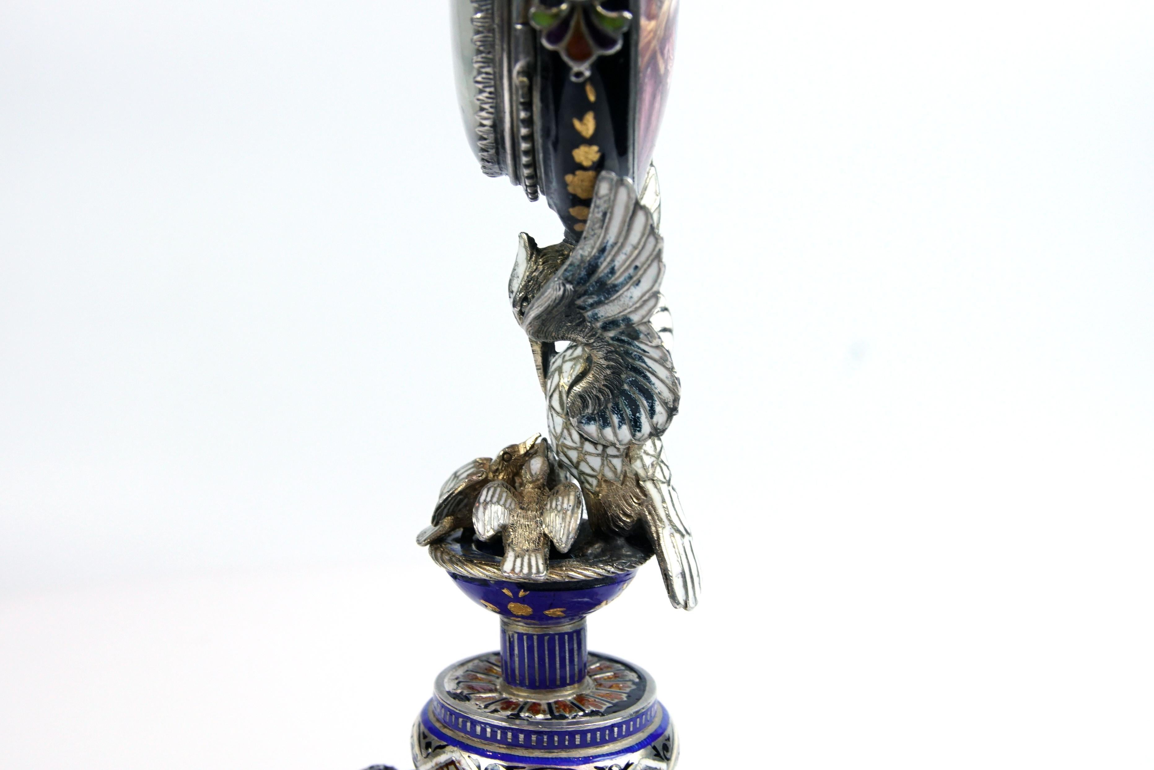 19th Century Silver and Viennese Enamel Clock with Eagle by Hermann Bohm