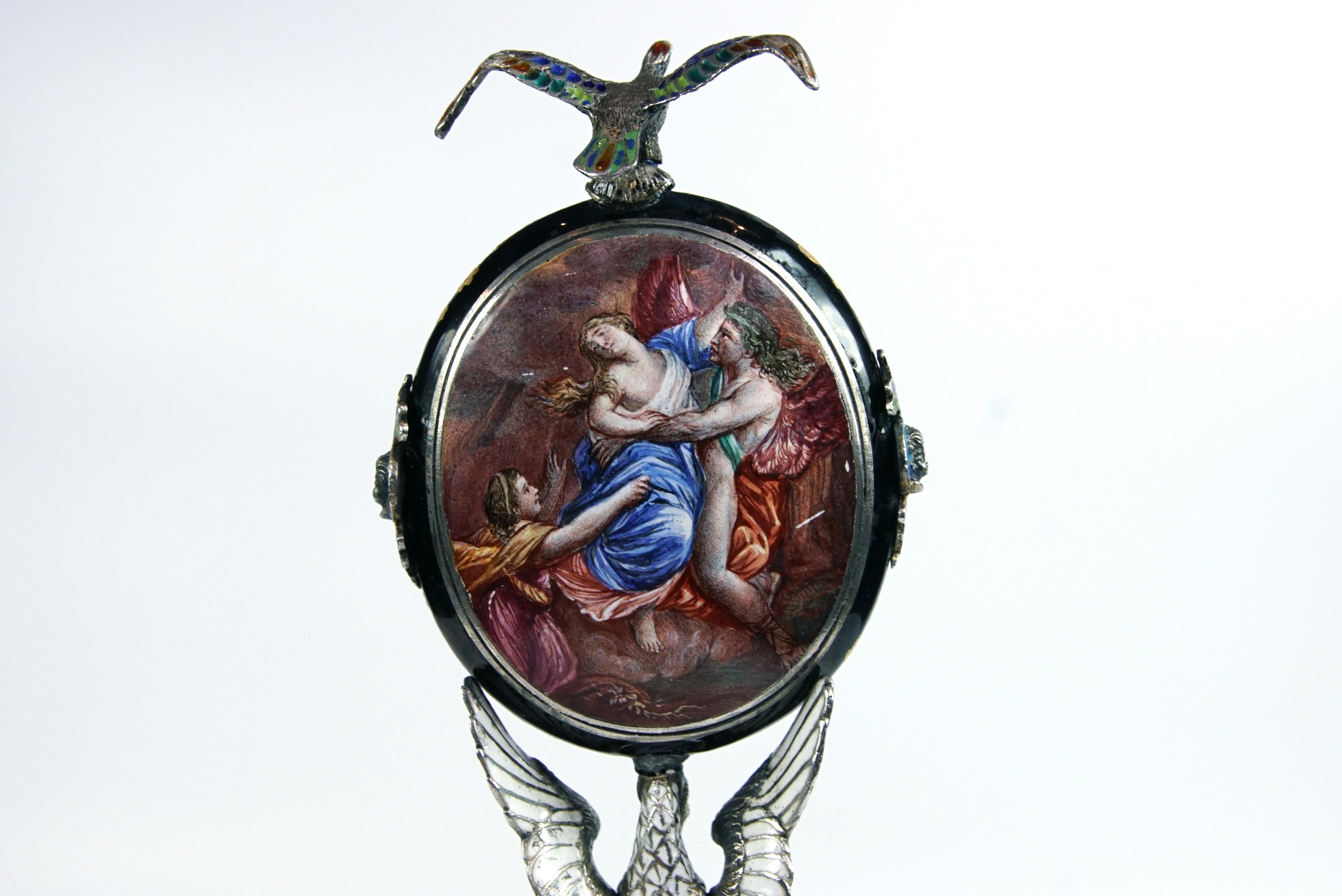 Silver and Viennese Enamel Clock with Eagle by Hermann Bohm 1