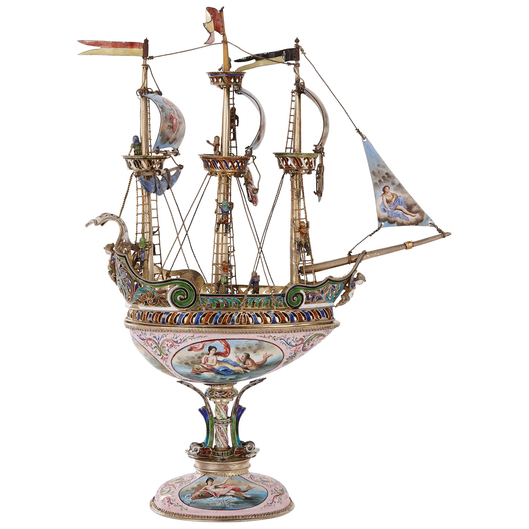 Silver and Viennese Enamel Model of a Nef