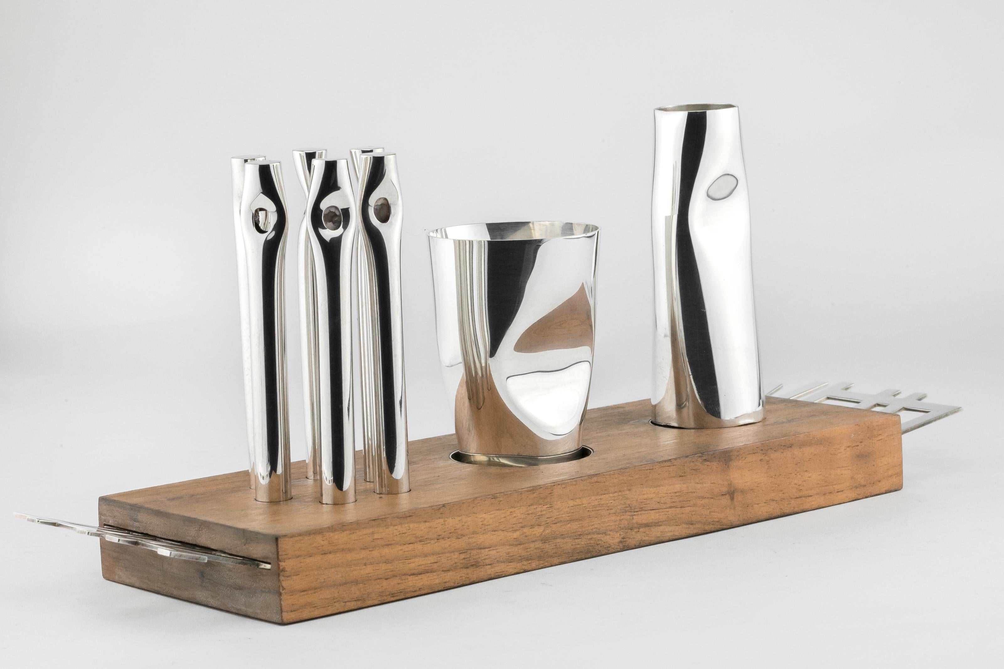 American sterling silver Havdalah set by Moshe Zabari, New York, 1968
Walnut base and hollow-formed, turned, pierced silver objects.
Moshe Zabari (born 1935, Jerusalem) is an Israeli artist known for his silver Judaica. He studied under Ludwig