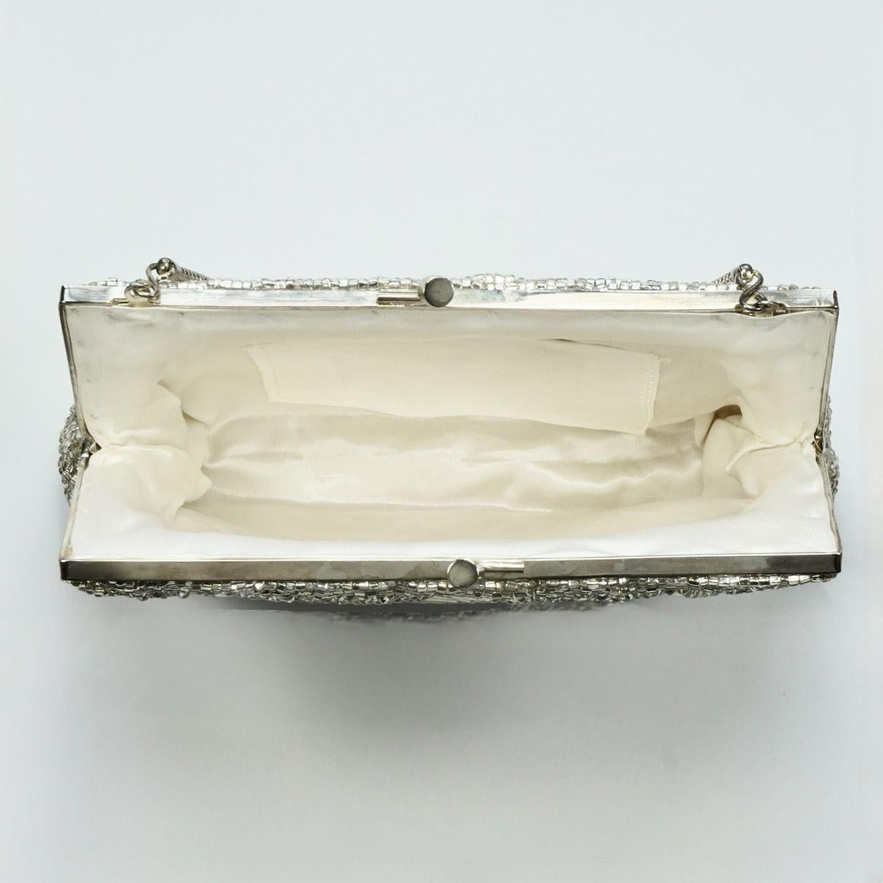 Women's or Men's Silver and White Diamond Design Beaded Bag with Silver Tone Fittings circa 1940s For Sale