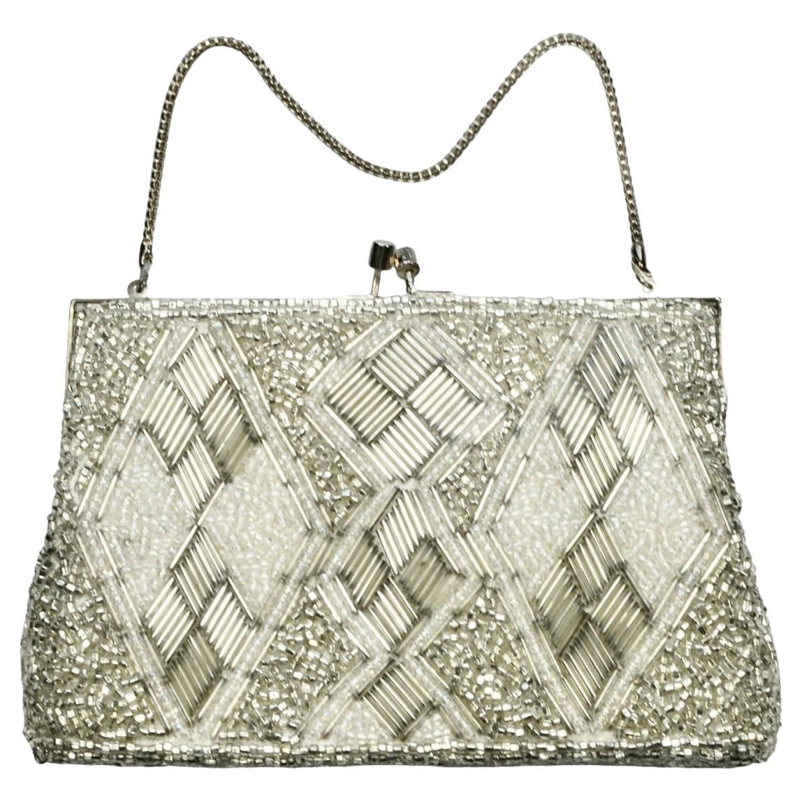 Silver and White Diamond Design Beaded Bag with Silver Tone Fittings circa 1940s For Sale