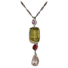 Silver and Yellow Gold Pendant, Lemon and Pink Quartz, Pink and Orange Sapphire