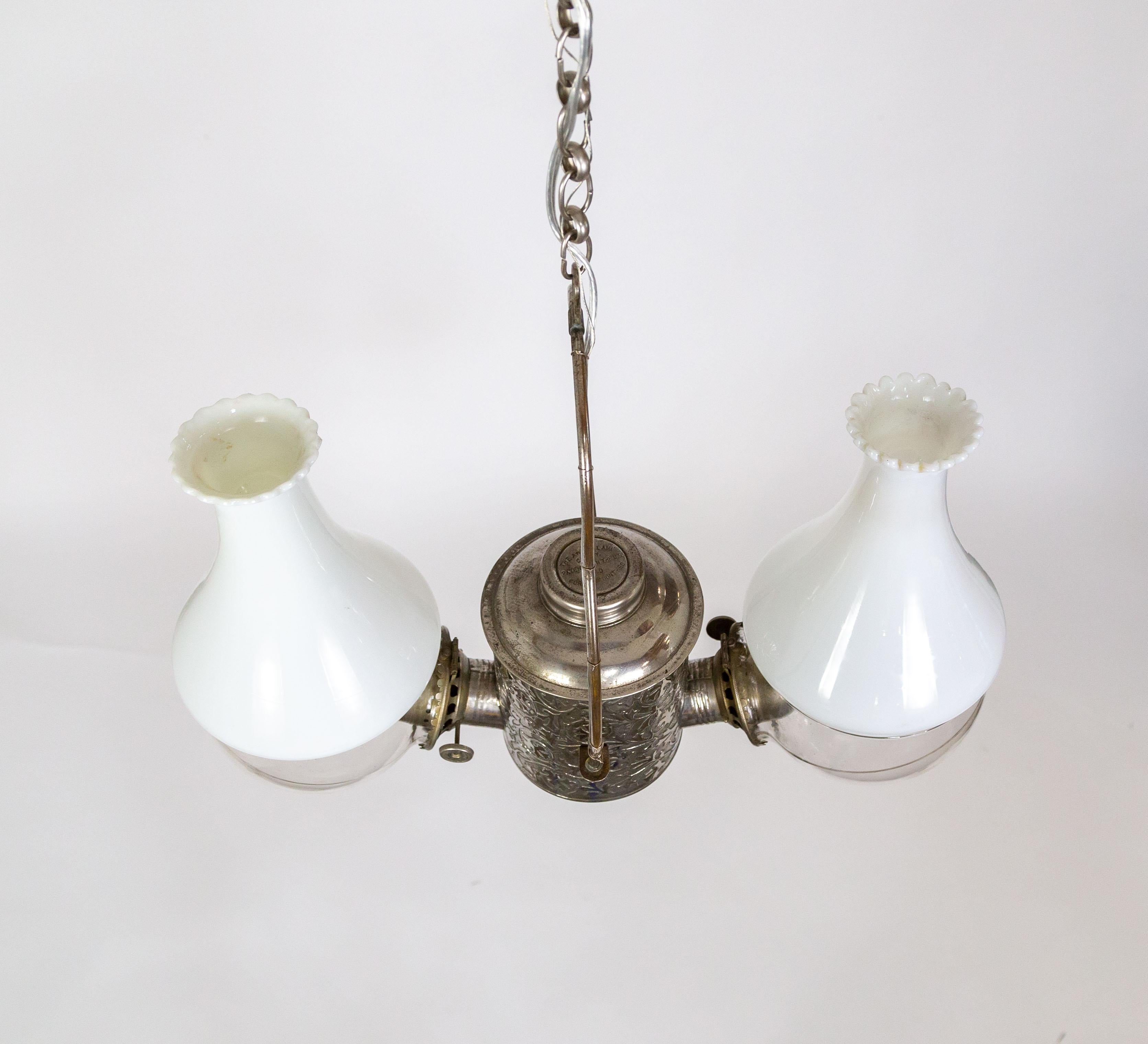 Silver Angle Lamp Co. Electrified Kerosene Brass & Glass 2-Light Hanging Fixture 6