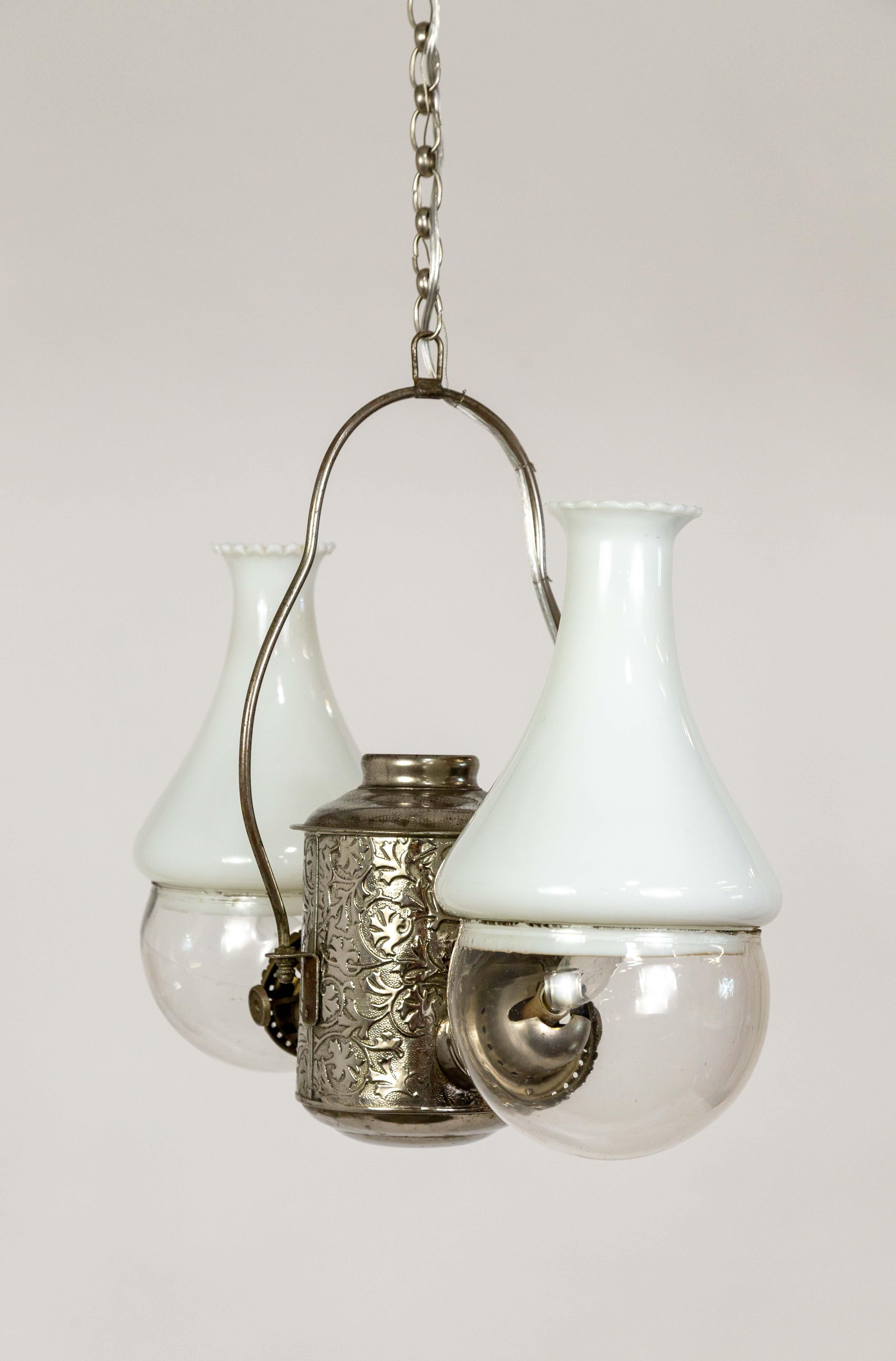 American Silver Angle Lamp Co. Electrified Kerosene Brass & Glass 2-Light Hanging Fixture