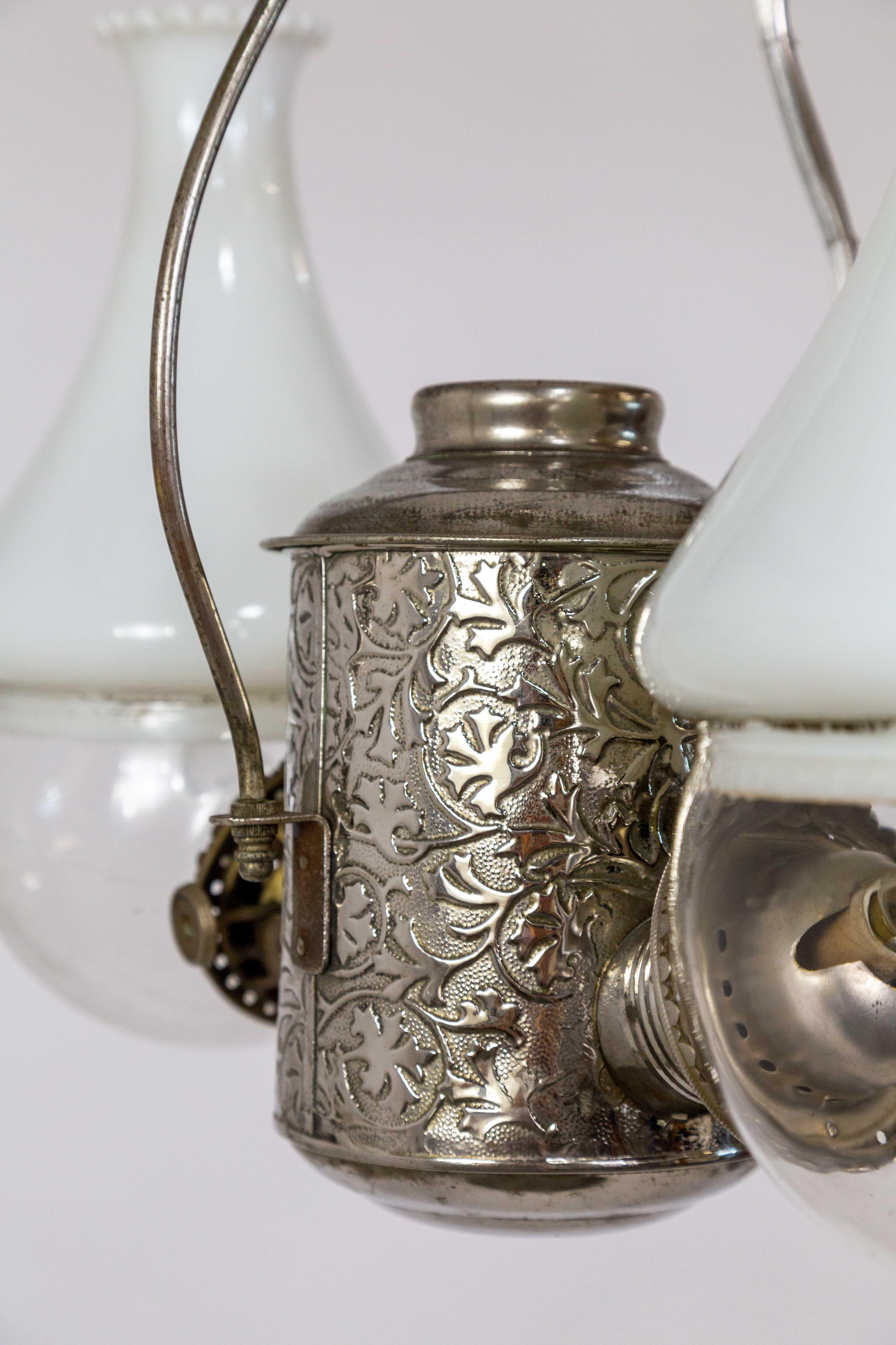 Silver Angle Lamp Co. Electrified Kerosene Brass & Glass 2-Light Hanging Fixture In Good Condition In San Francisco, CA