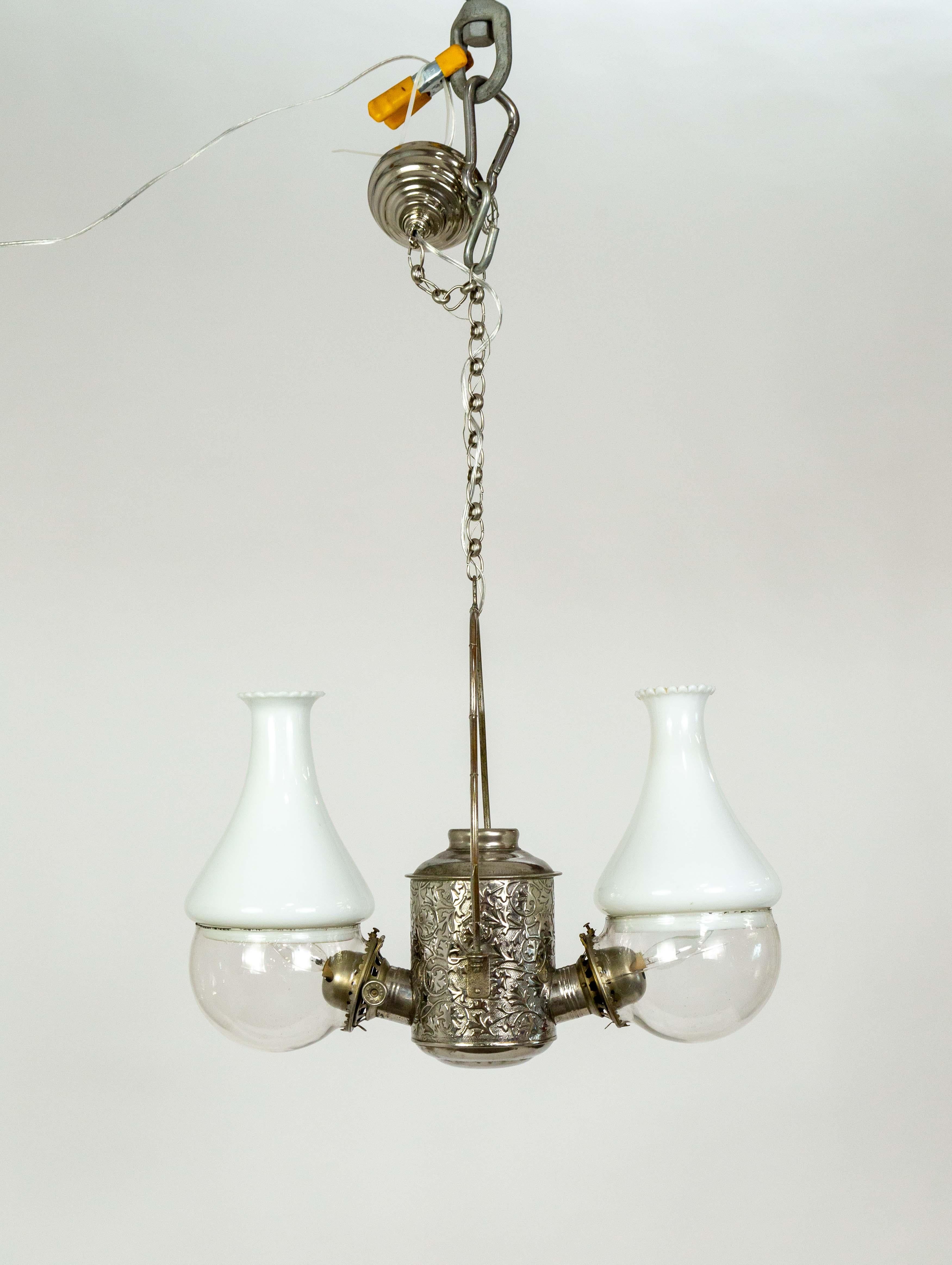 Late 19th Century Silver Angle Lamp Co. Electrified Kerosene Brass & Glass 2-Light Hanging Fixture