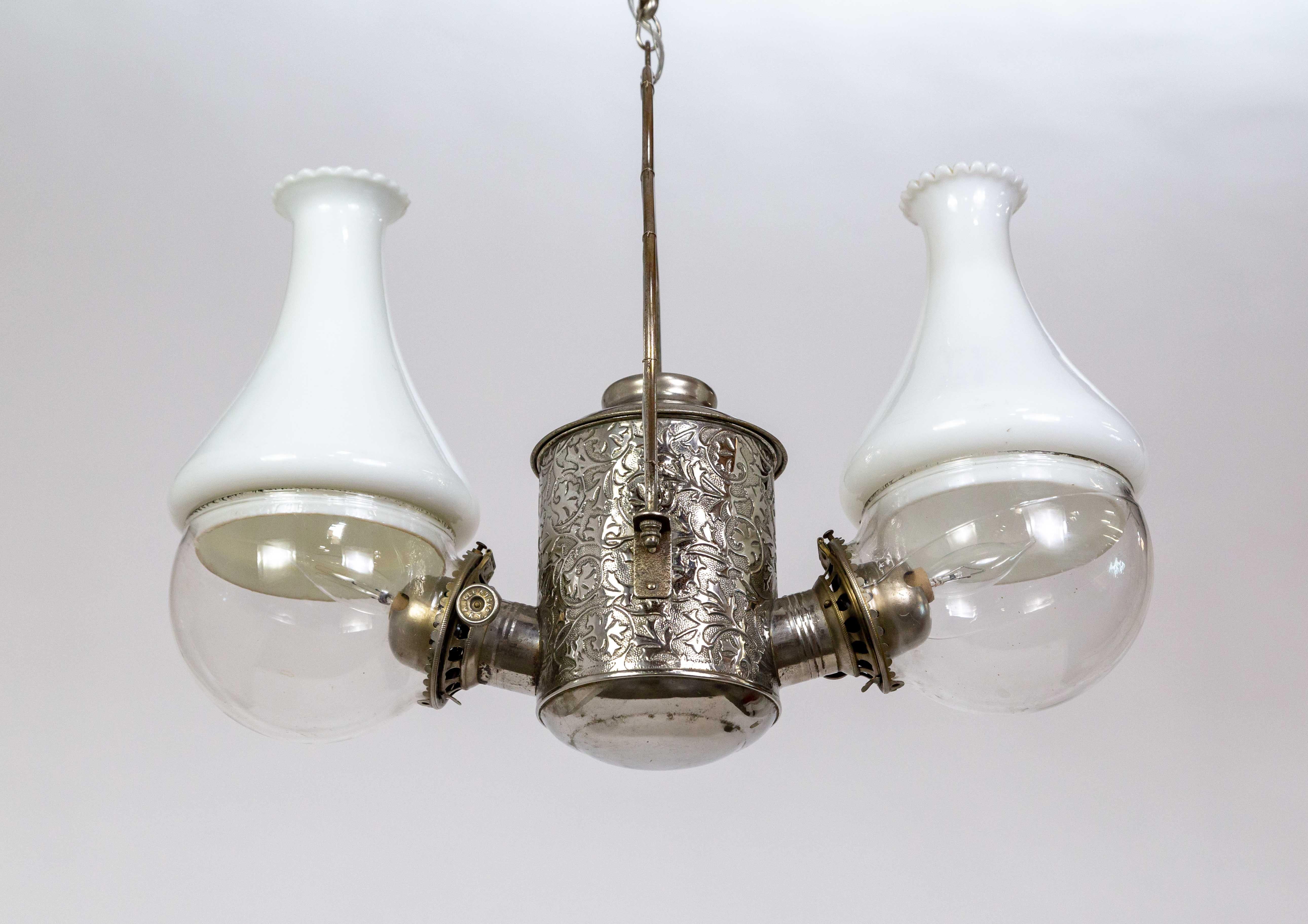 Silver Angle Lamp Co. Electrified Kerosene Brass & Glass 2-Light Hanging Fixture 1