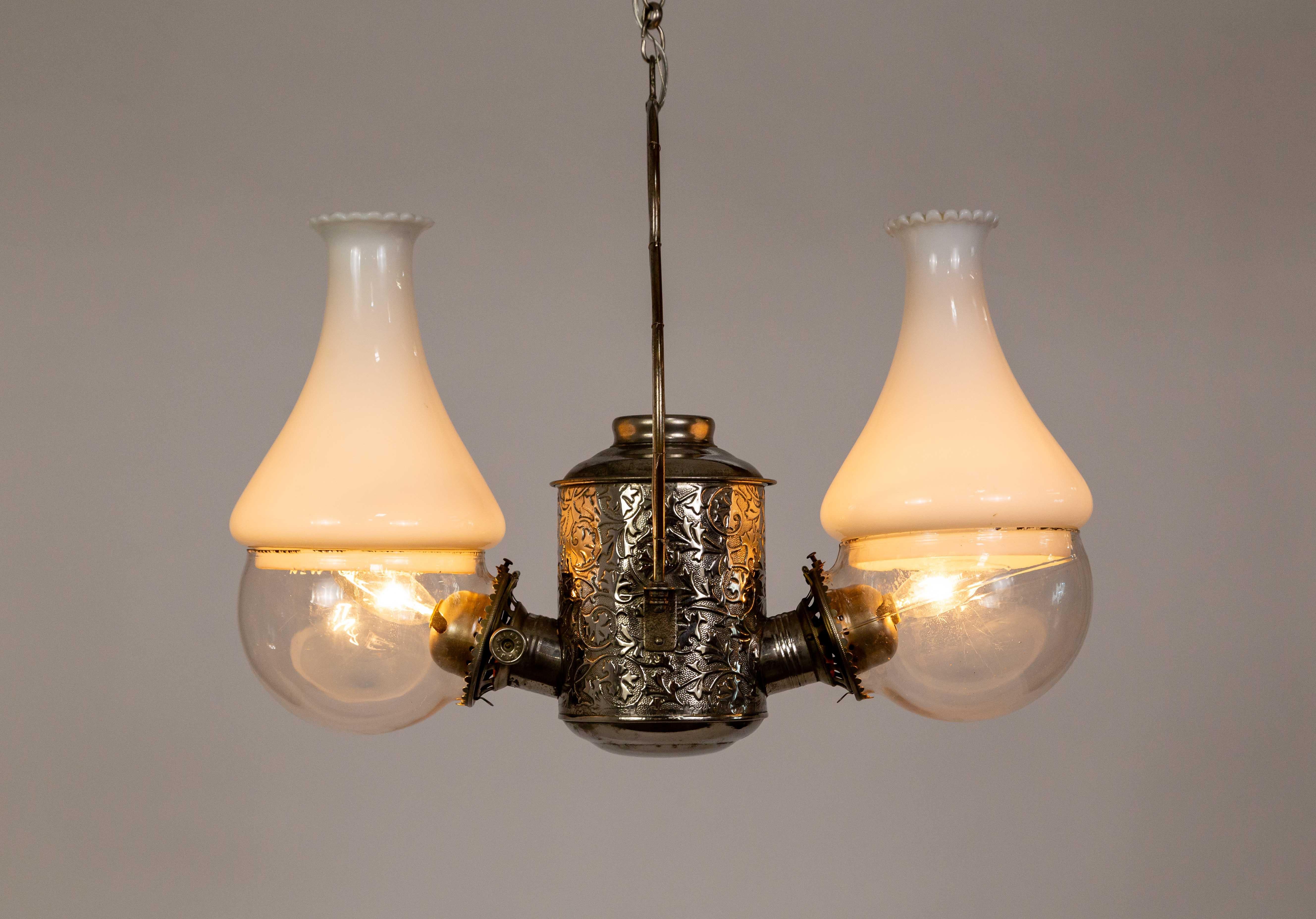 Silver Angle Lamp Co. Electrified Kerosene Brass & Glass 2-Light Hanging Fixture 2