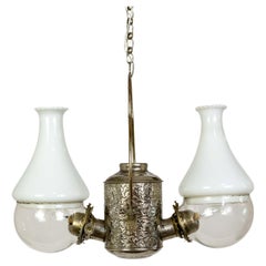 Antique Silver Angle Lamp Co. Electrified Kerosene Brass & Glass 2-Light Hanging Fixture