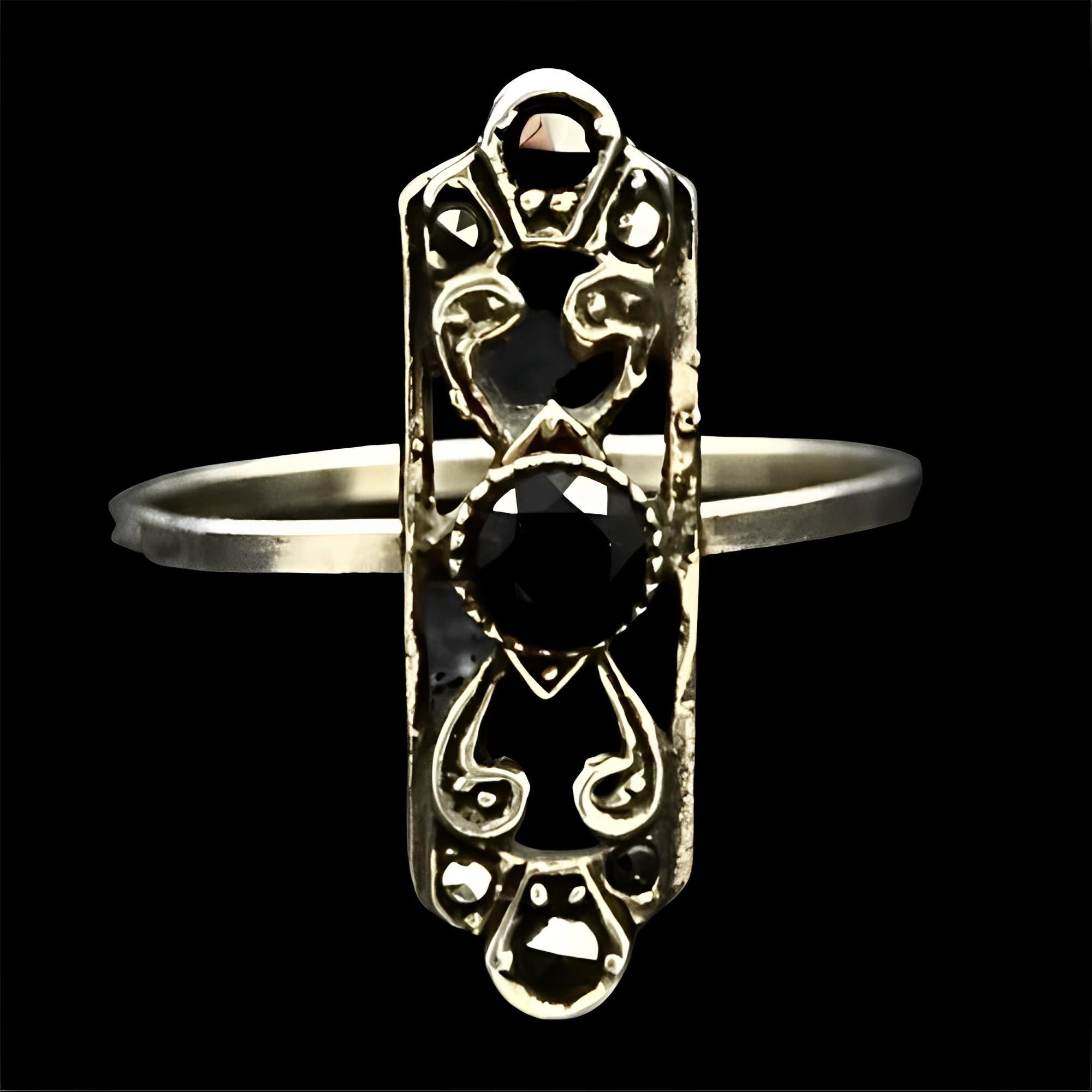 Silver Art Deco Black Glass and Marcasite Ring circa 1930s 1