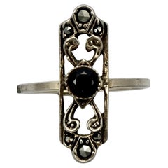 Vintage Silver Art Deco Black Glass and Marcasite Ring circa 1930s