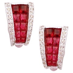 Silver Art Deco Huggie Earrings With Ruby Crystals By Jomaz, 1950s