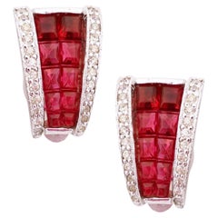 Vintage Silver Art Deco Huggie Earrings With Ruby Crystals By Jomaz, 1950s