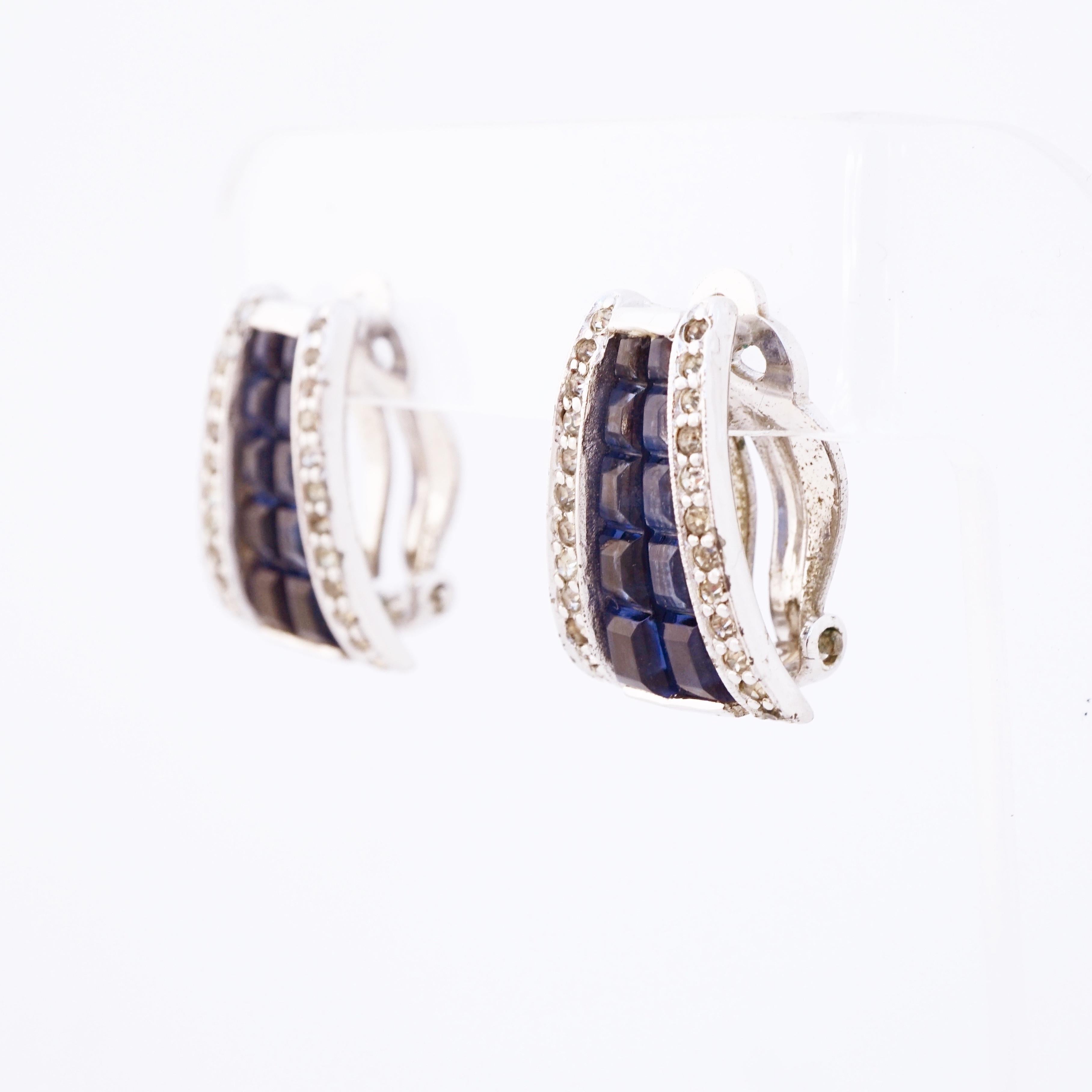 Modern Silver Art Deco Huggie Earrings With Sapphire Crystals By Jomaz, 1950s